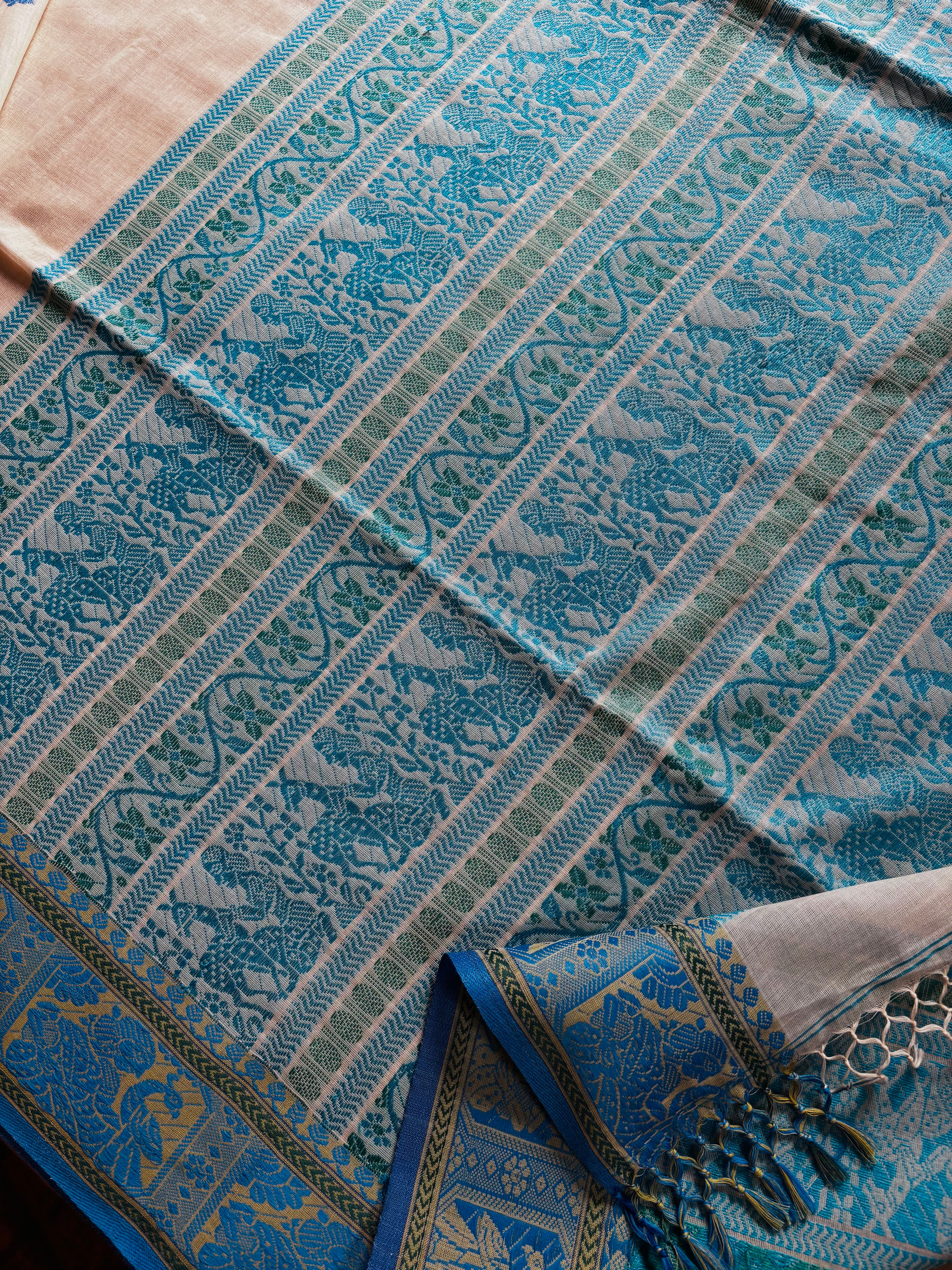 Handwoven White Blue Green Cotton Baluchari Saree