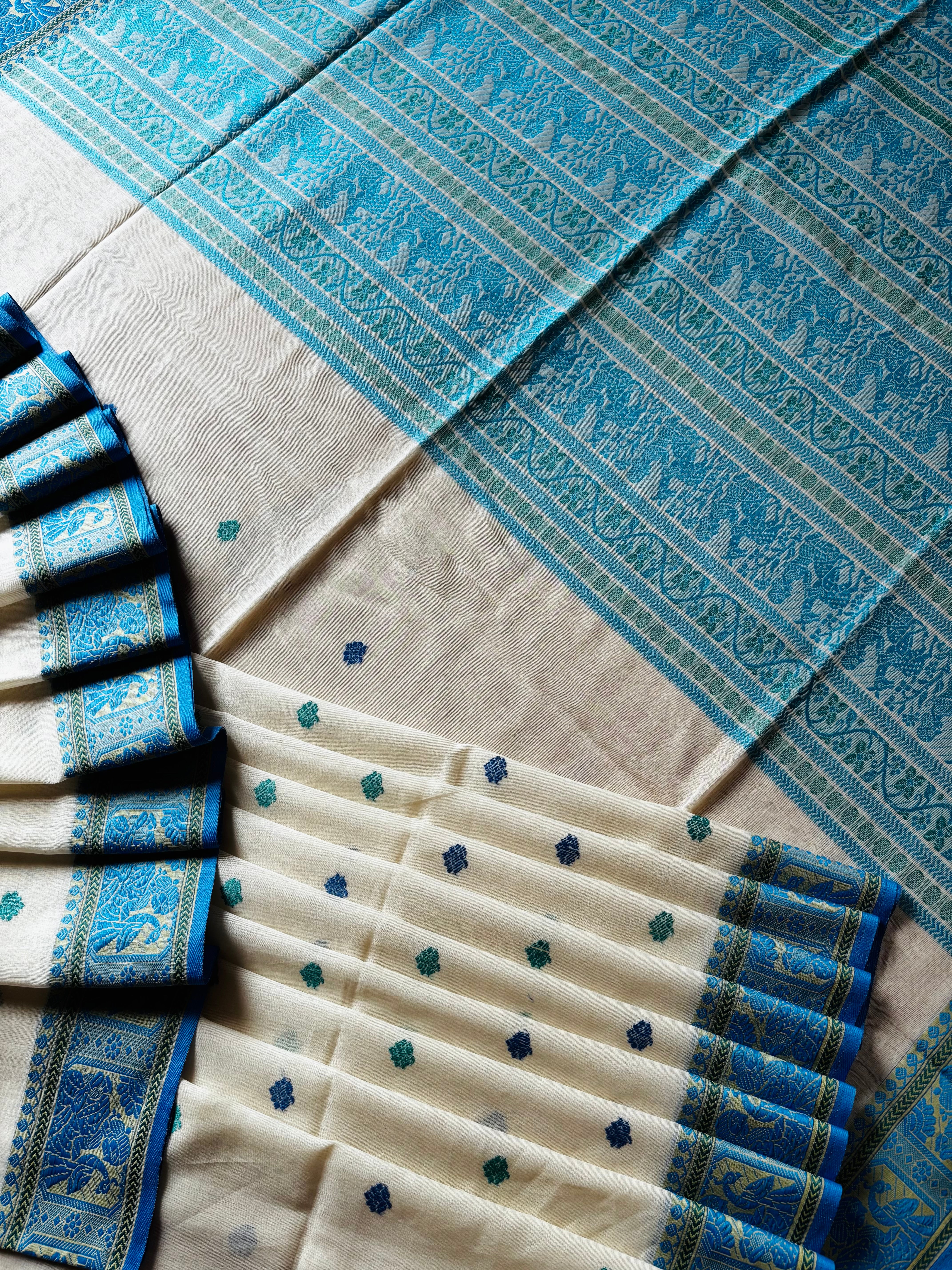 Handwoven White Blue Green Cotton Baluchari Saree