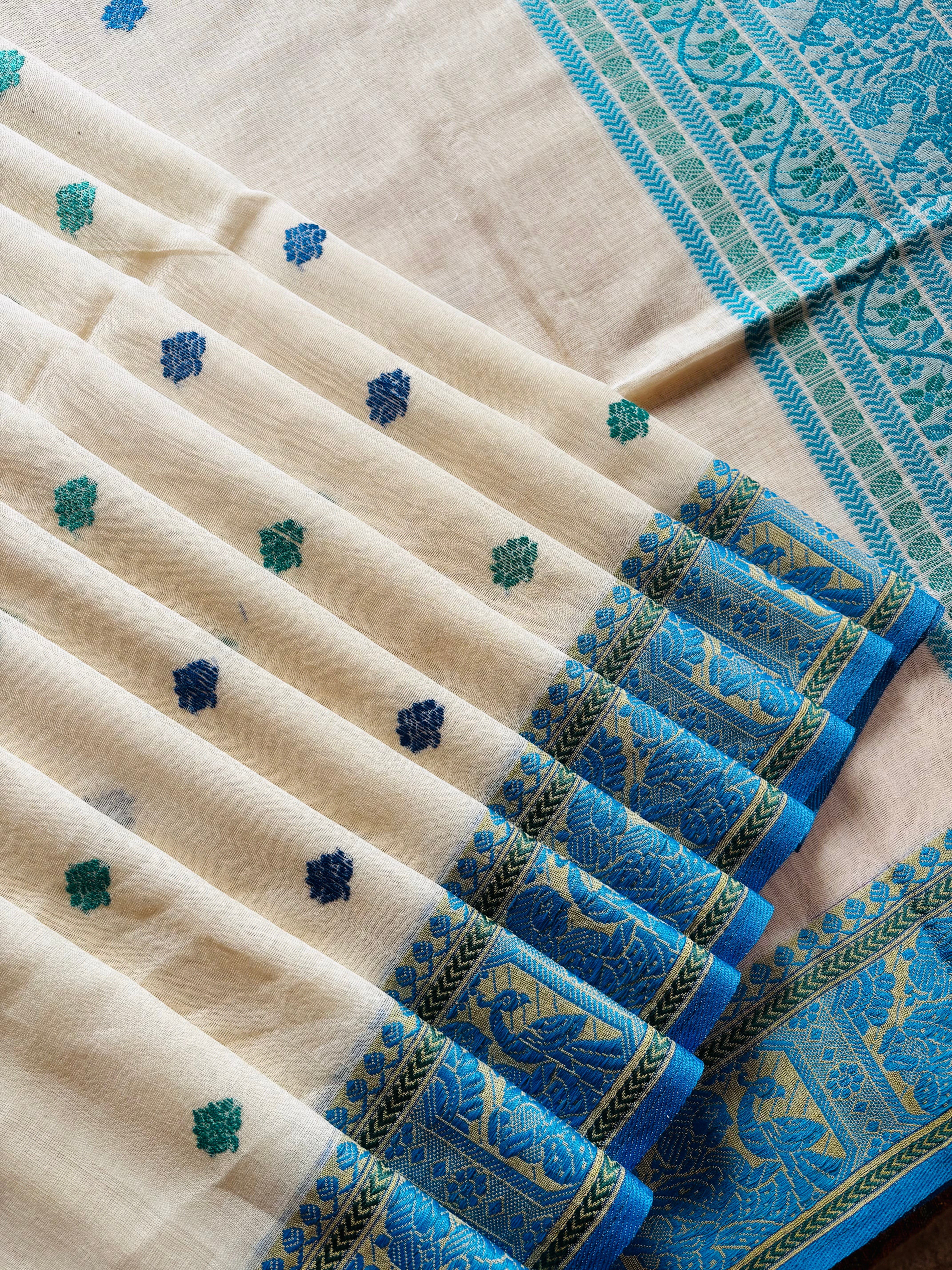 Handwoven White Blue Green Cotton Baluchari Saree