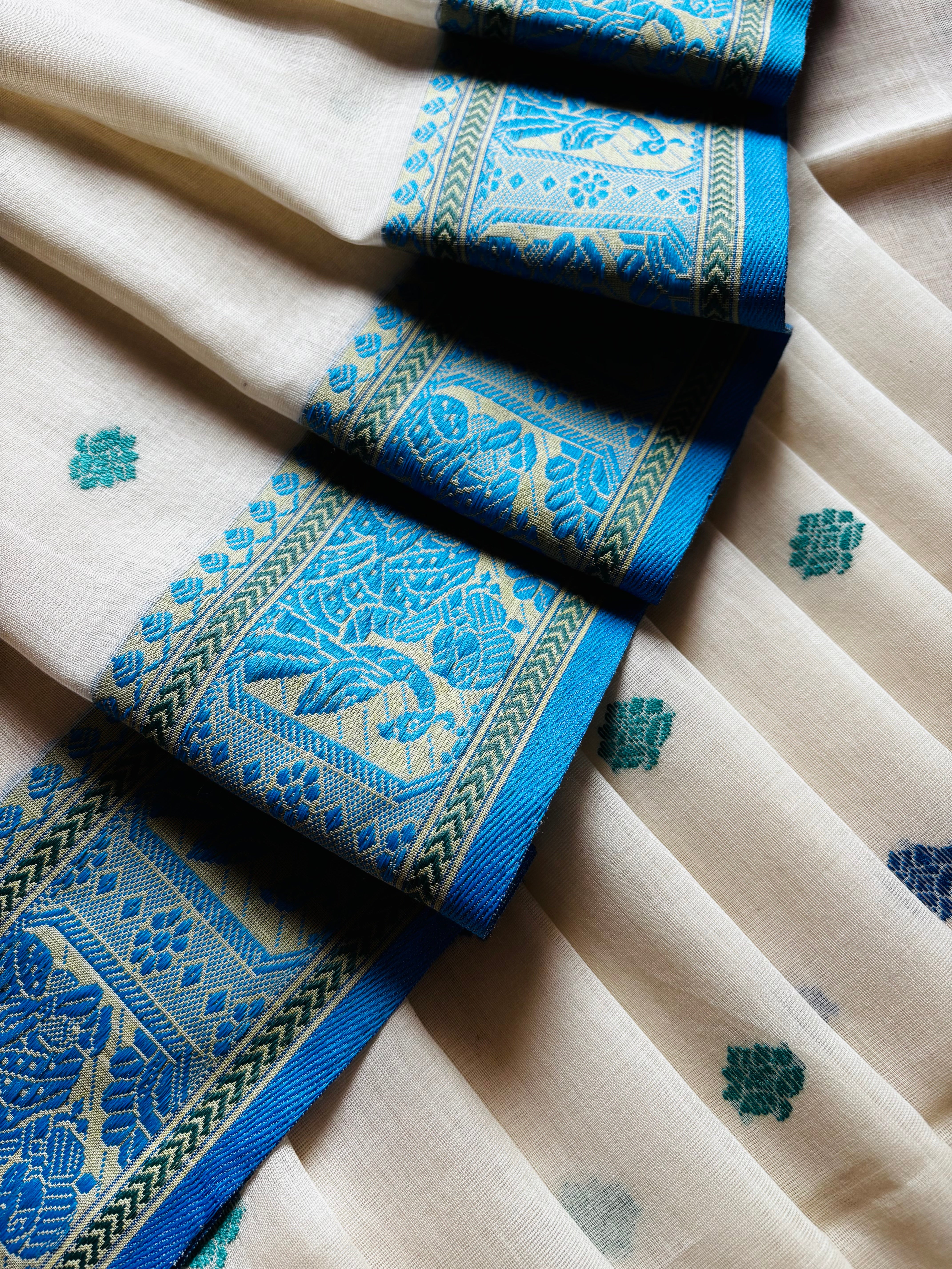 Handwoven White Blue Green Cotton Baluchari Saree