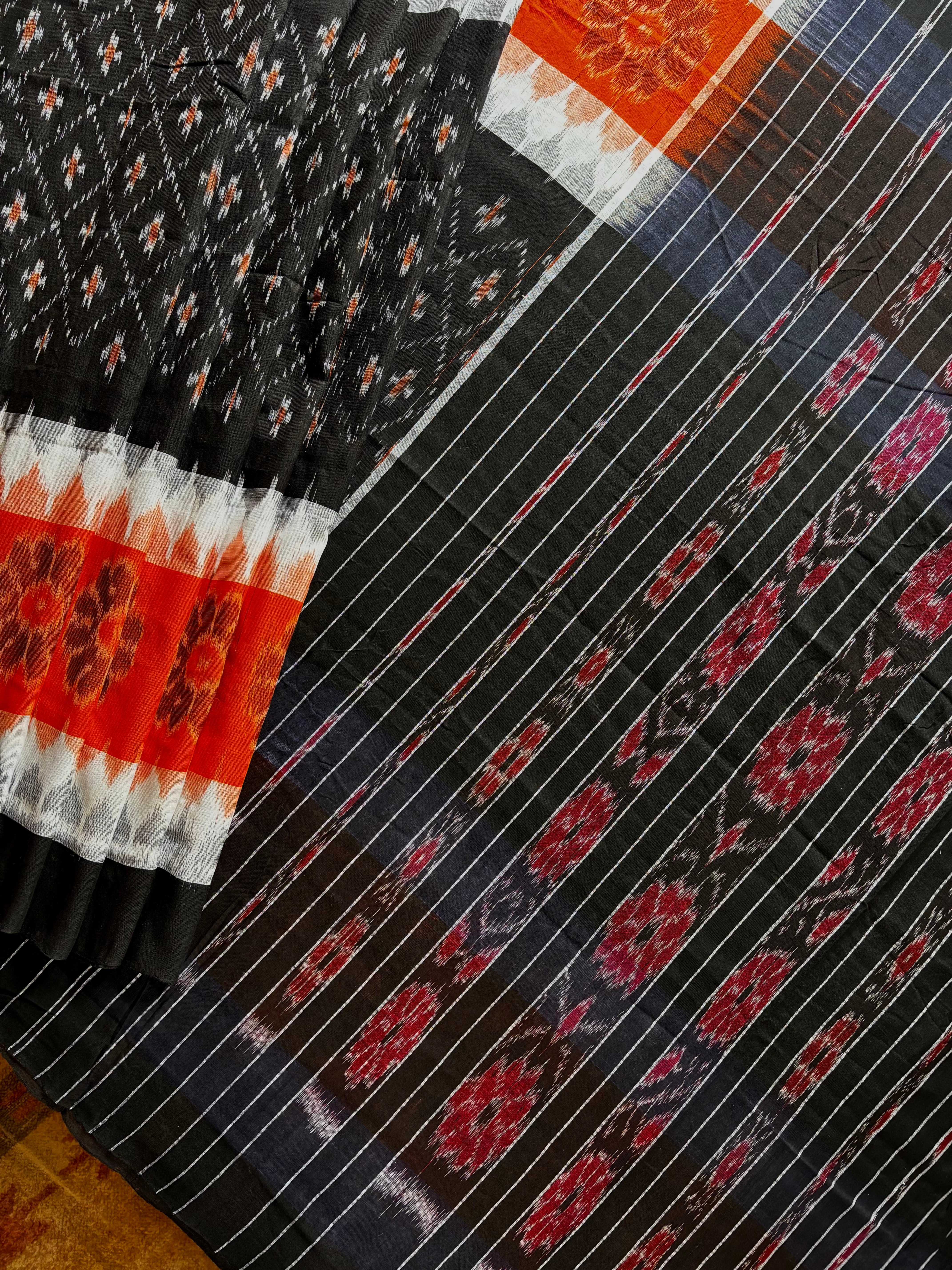 Handwoven Black Orange Cotton Odisha Ikkat Saree