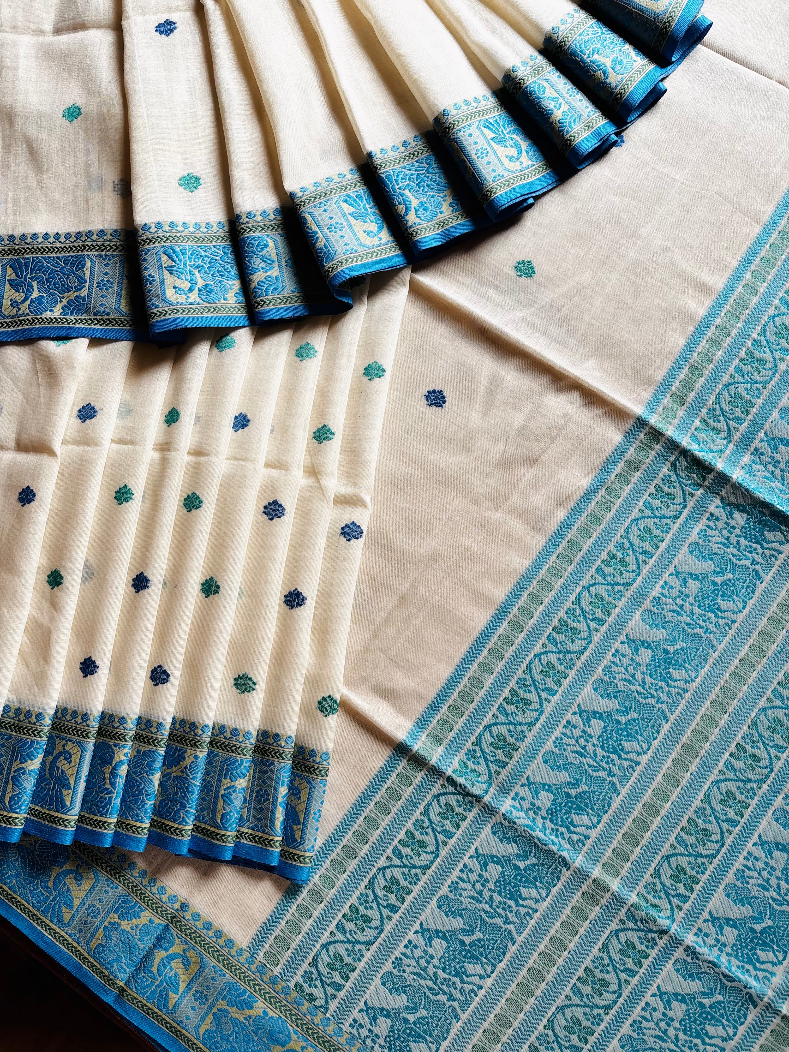 Handwoven White Blue Green Cotton Baluchari Saree