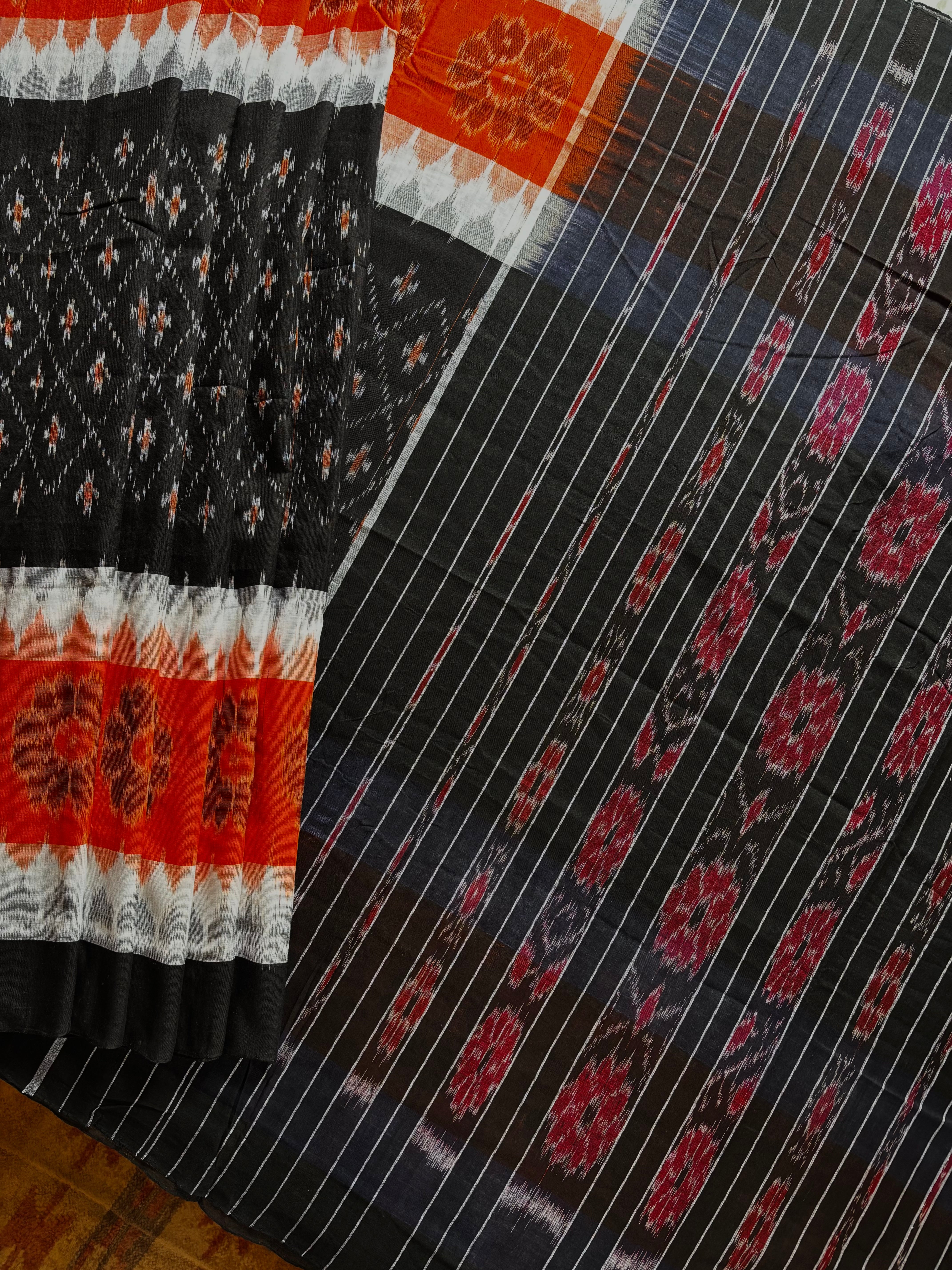 Handwoven Black Orange Cotton Odisha Ikkat Saree