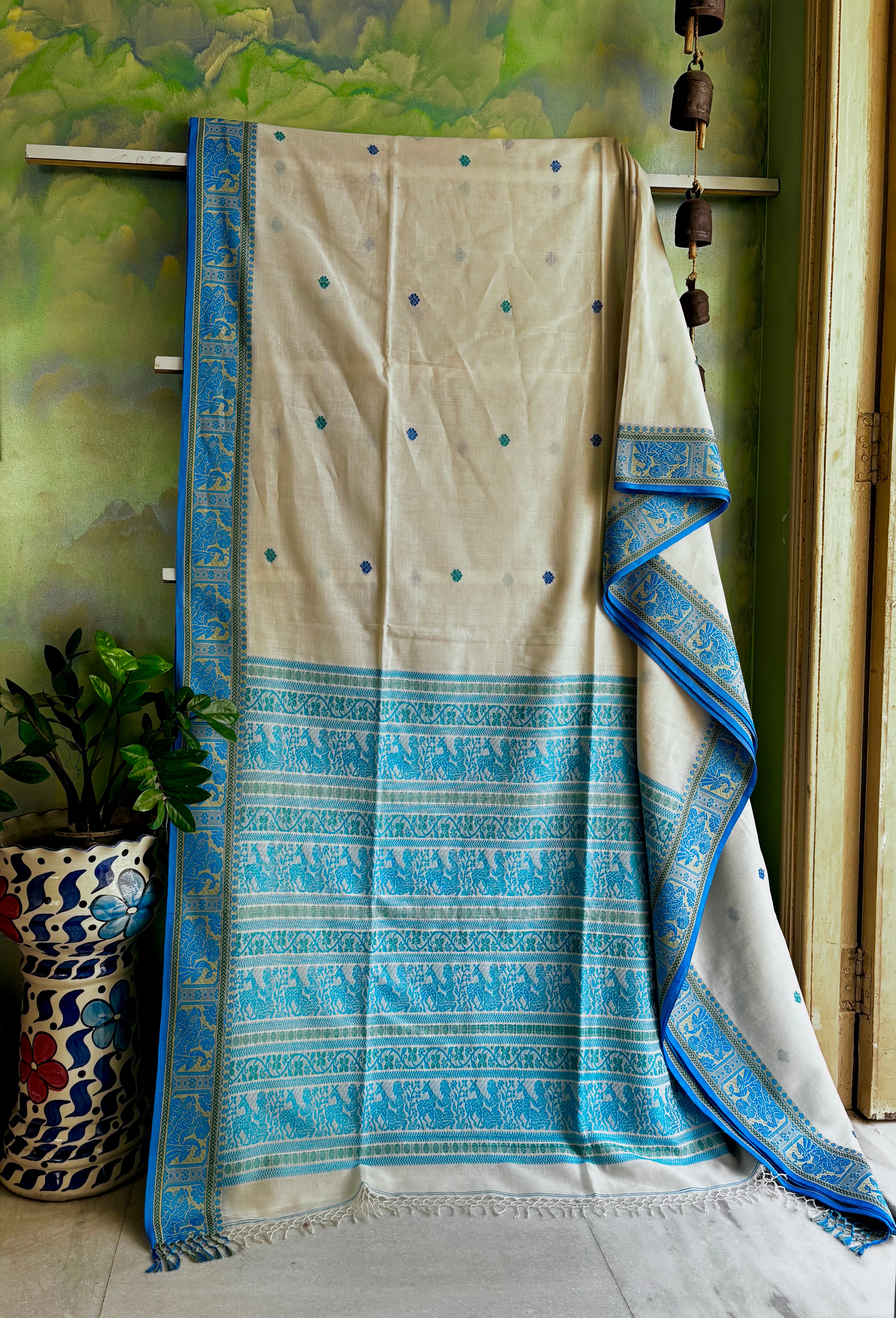 Handwoven White Blue Green Cotton Baluchari Saree