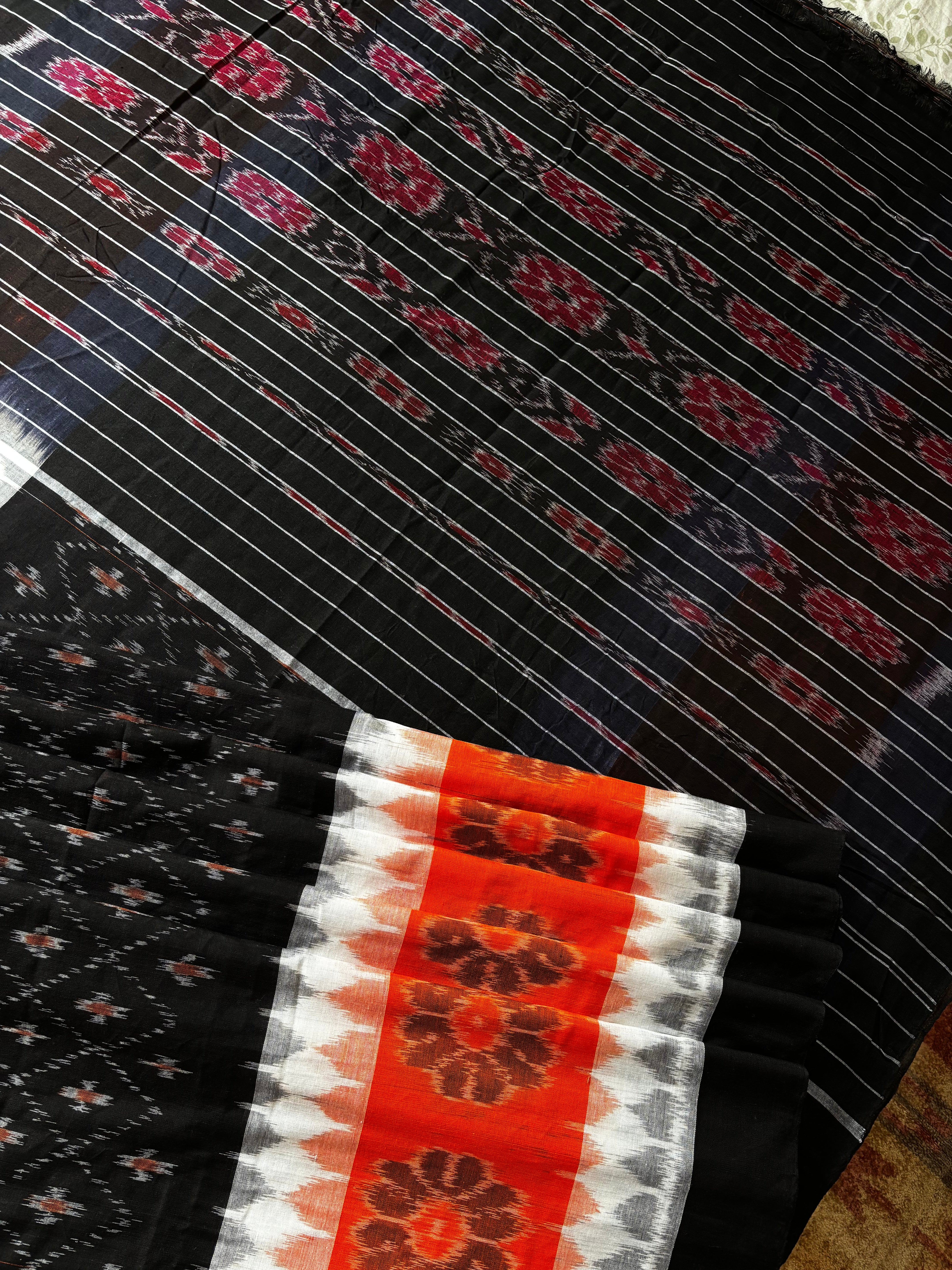 Handwoven Black Orange Cotton Odisha Ikkat Saree