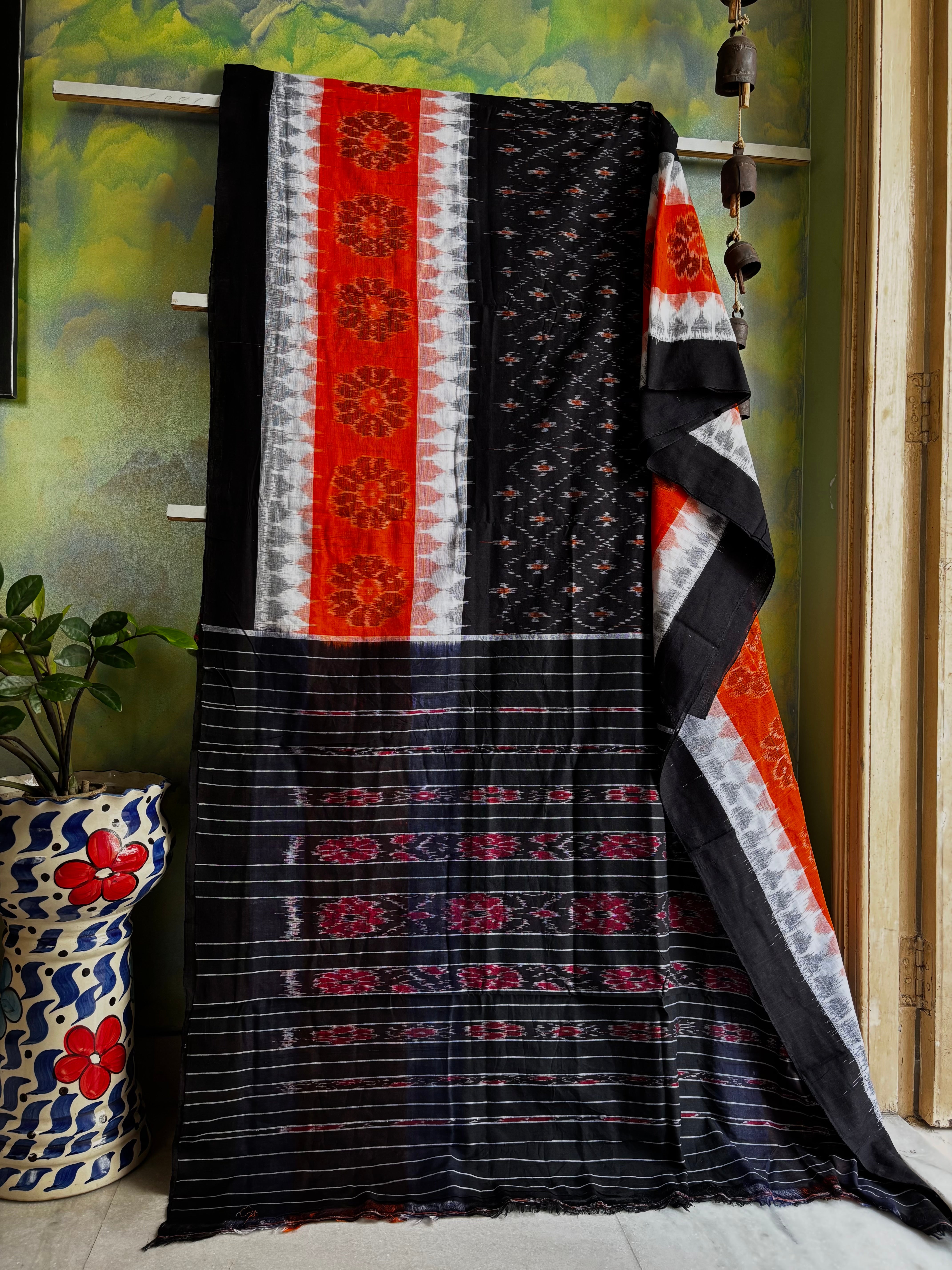 Handwoven Black Orange Cotton Odisha Ikkat Saree