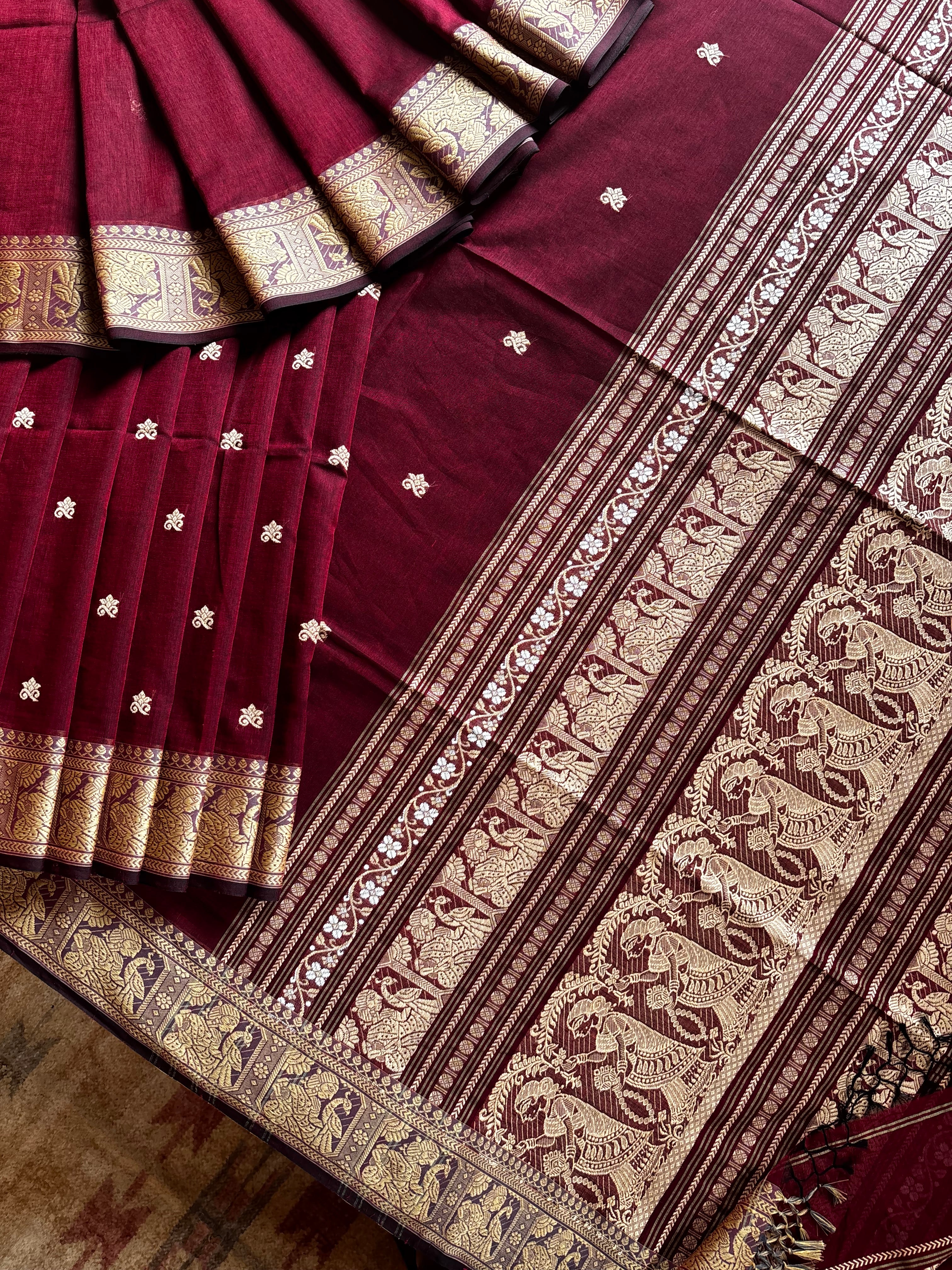 Handwoven Garnet Colour Cotton Baluchari Saree