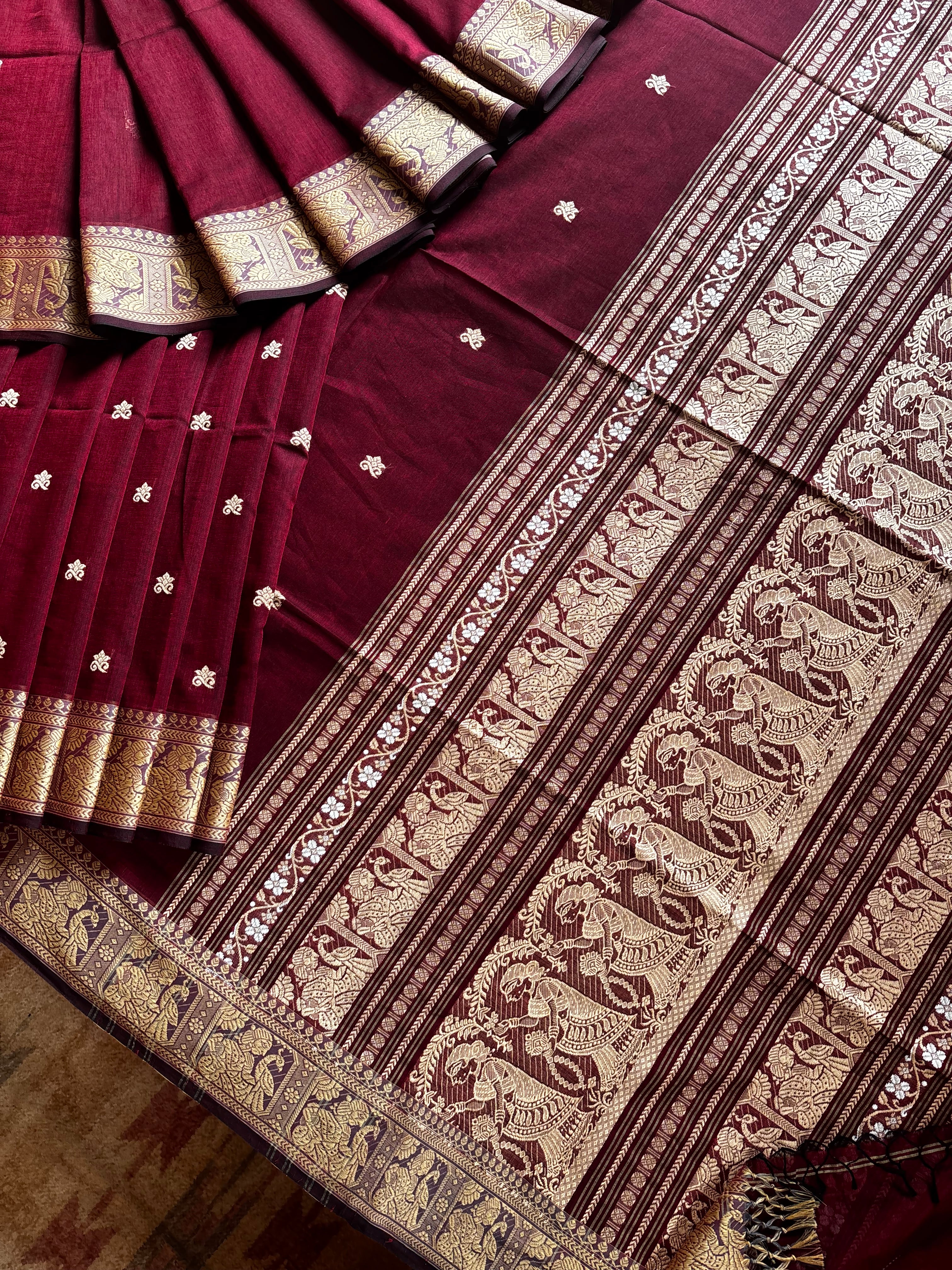 Handwoven Garnet Colour Cotton Baluchari Saree