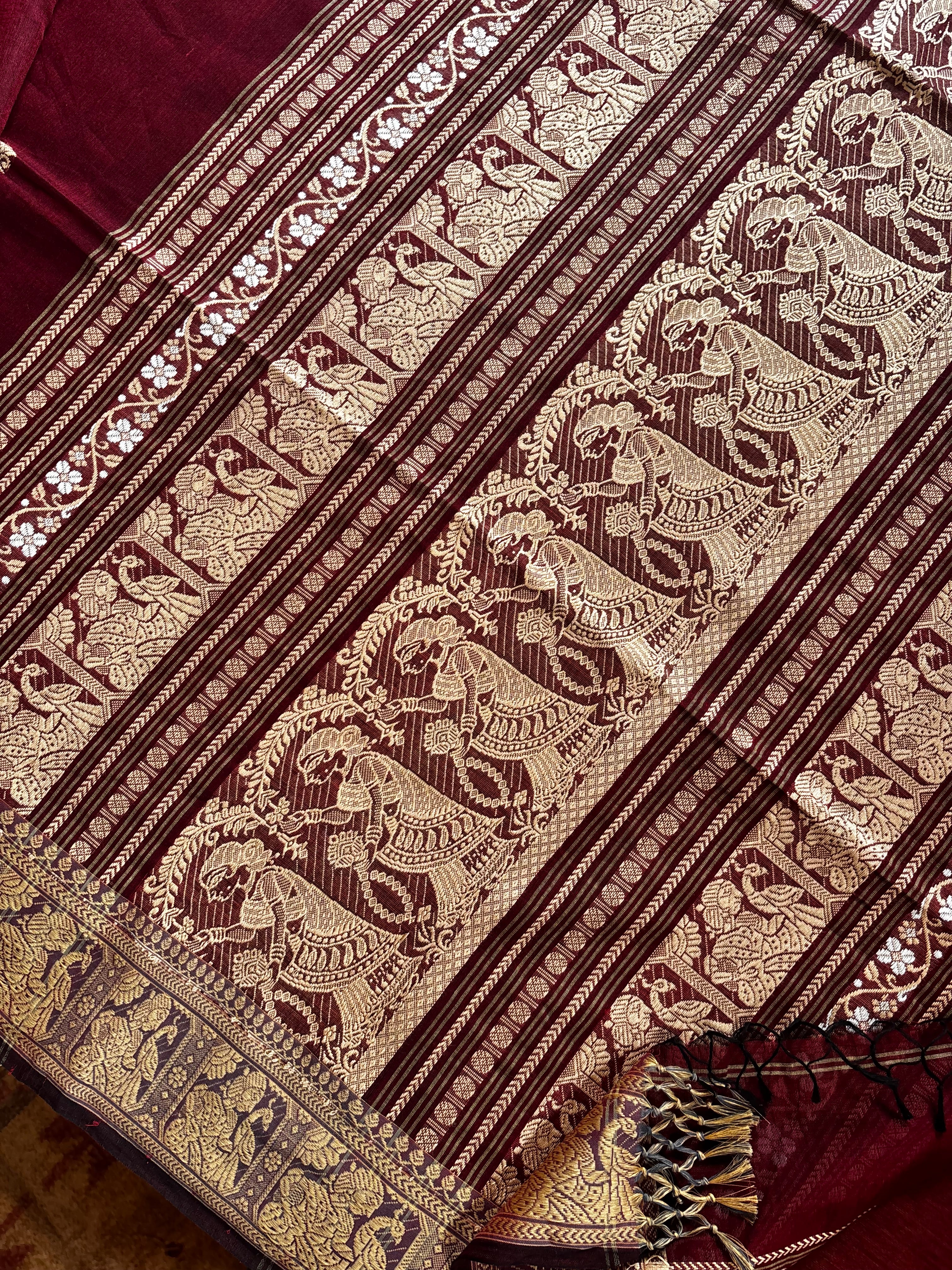 Handwoven Garnet Colour Cotton Baluchari Saree