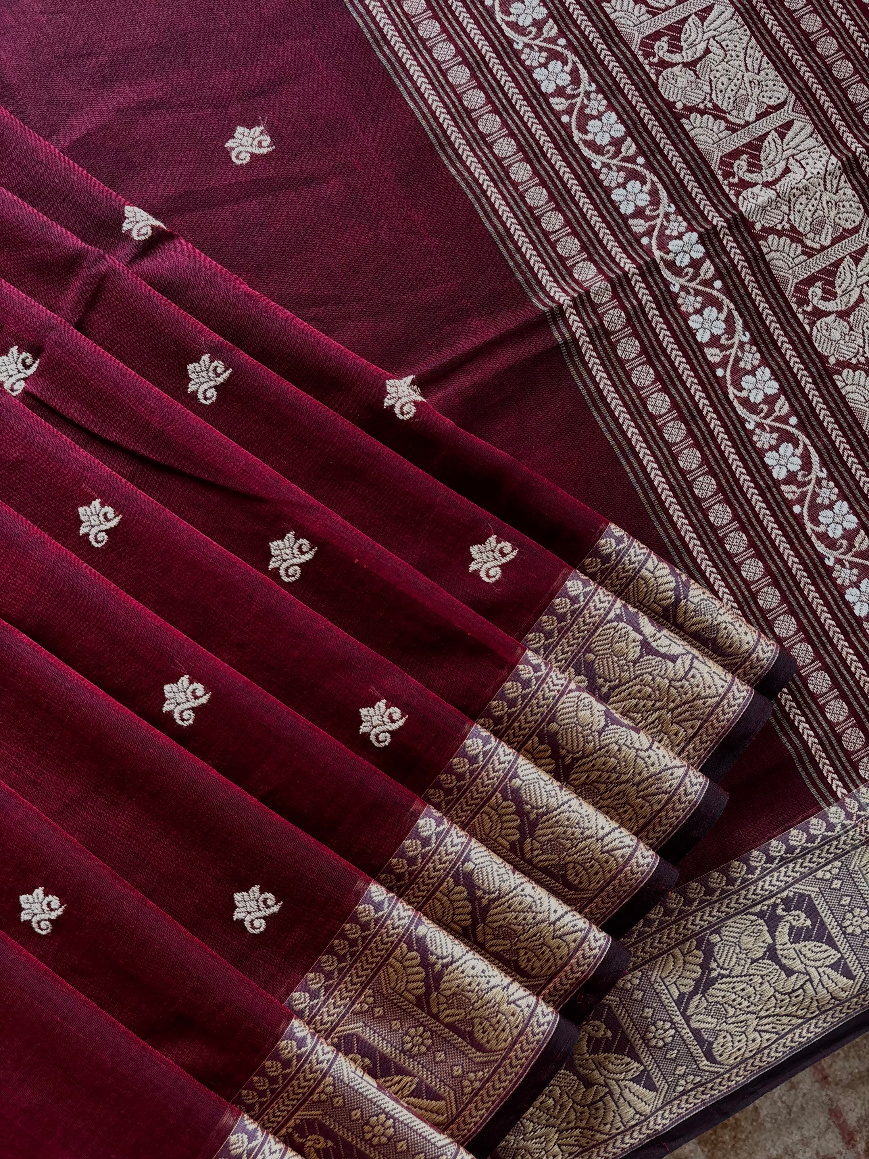 Handwoven Garnet Colour Cotton Baluchari Saree