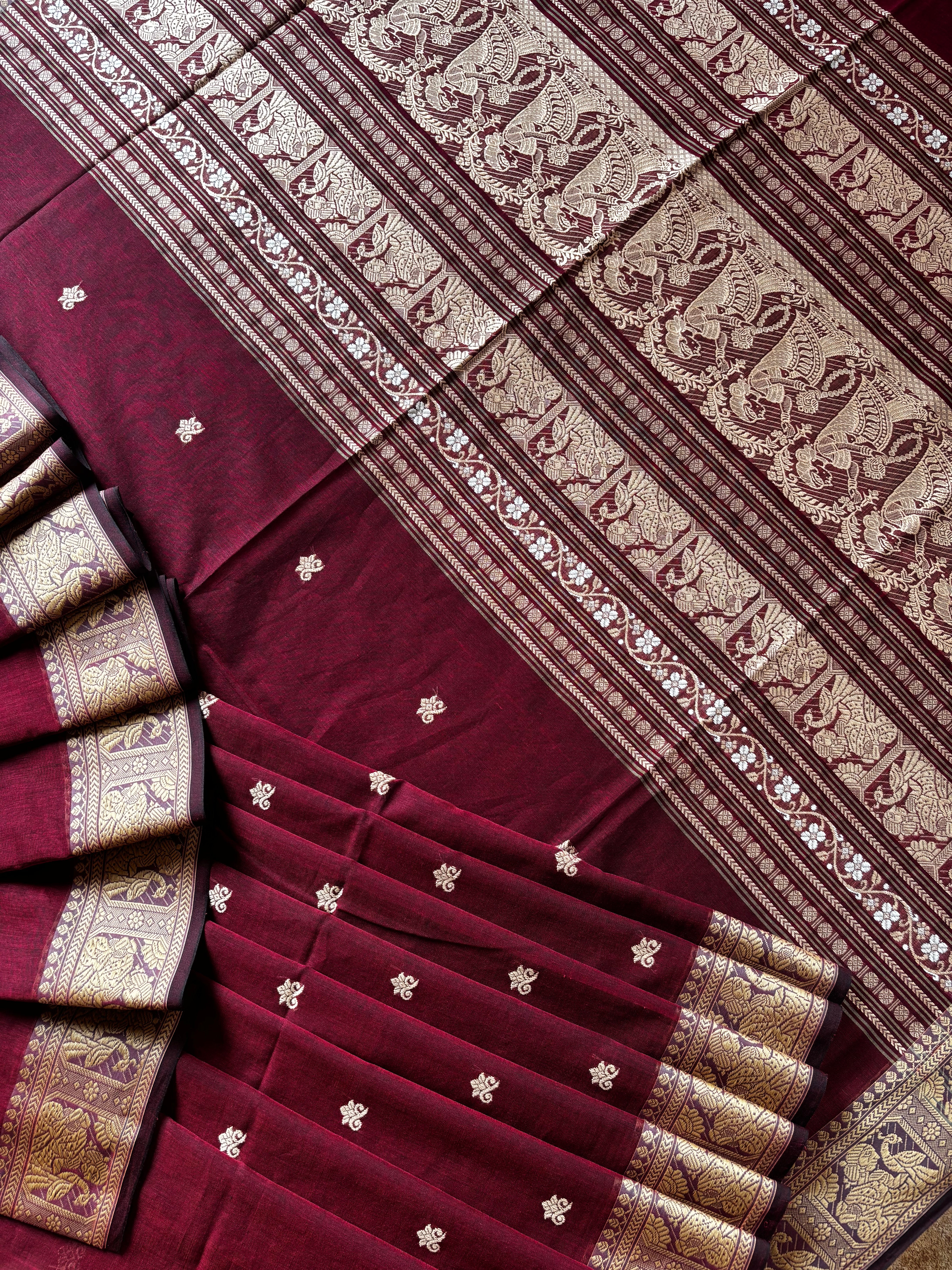 Handwoven Garnet Colour Cotton Baluchari Saree