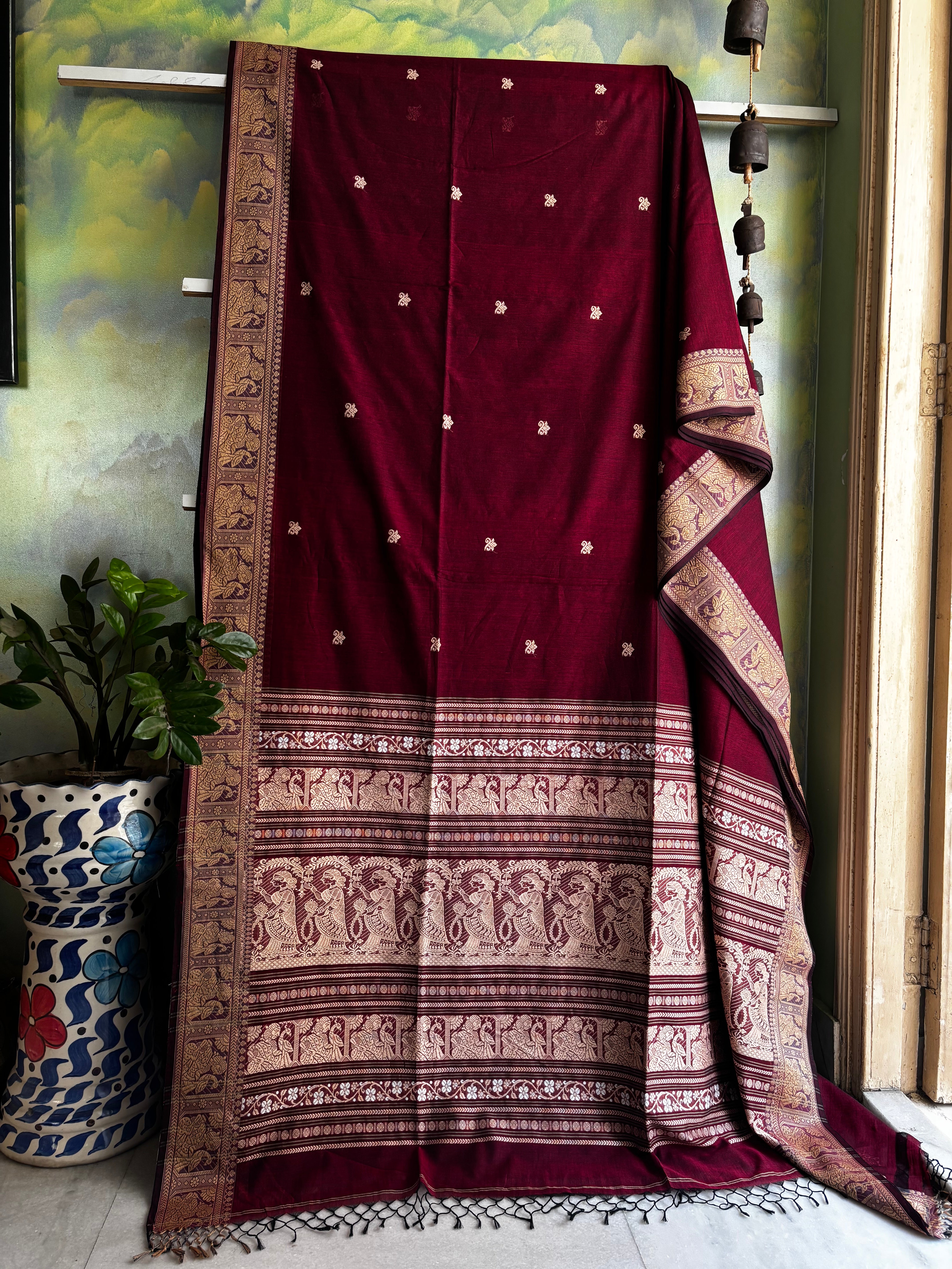Handwoven Garnet Colour Cotton Baluchari Saree