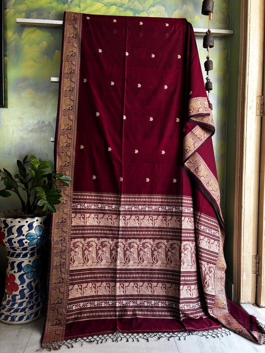 Handwoven Garnet Colour Cotton Baluchari Saree