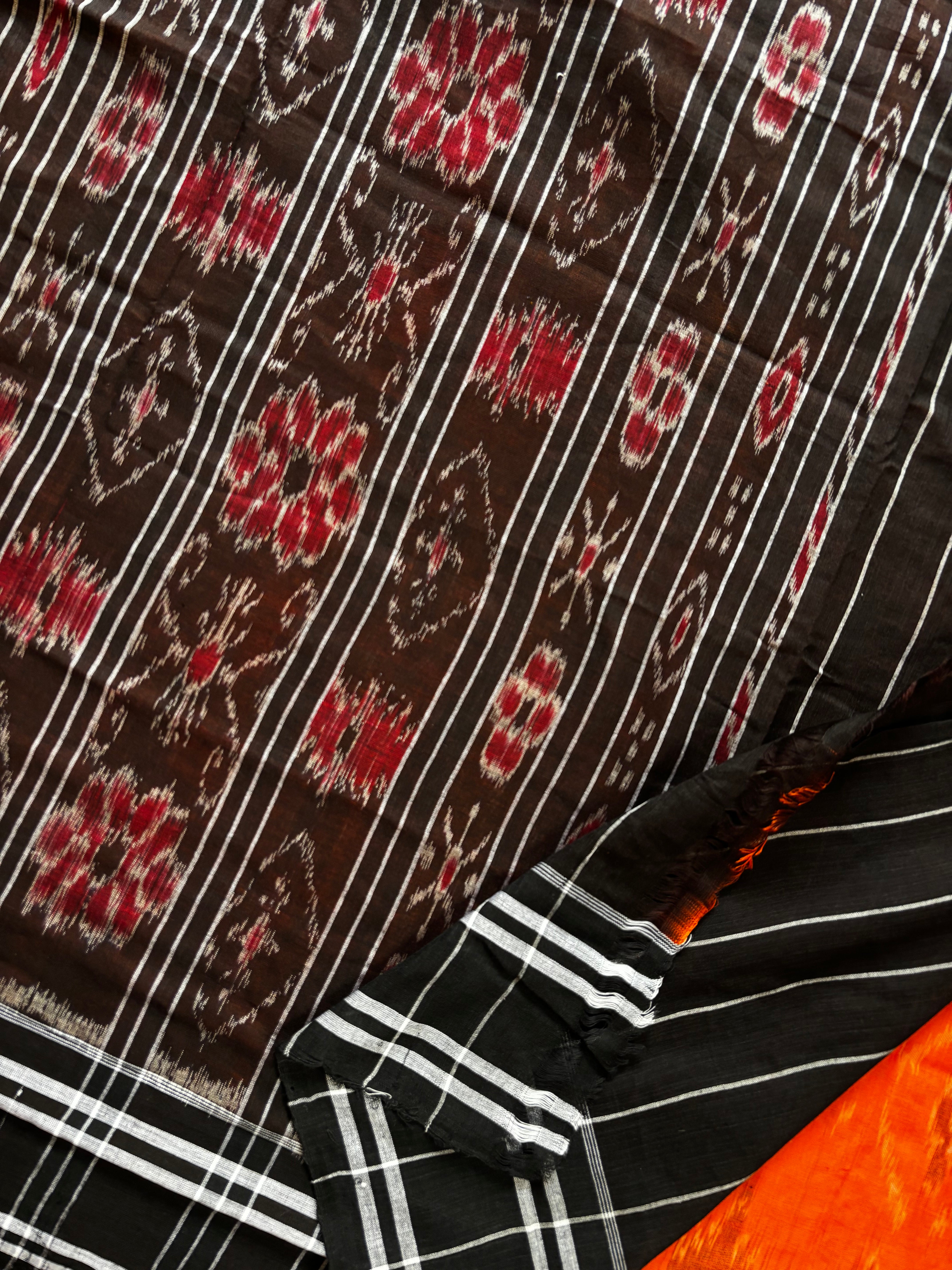 Handwoven Orange Black Colour Odisha Cotton Ikkat Saree
