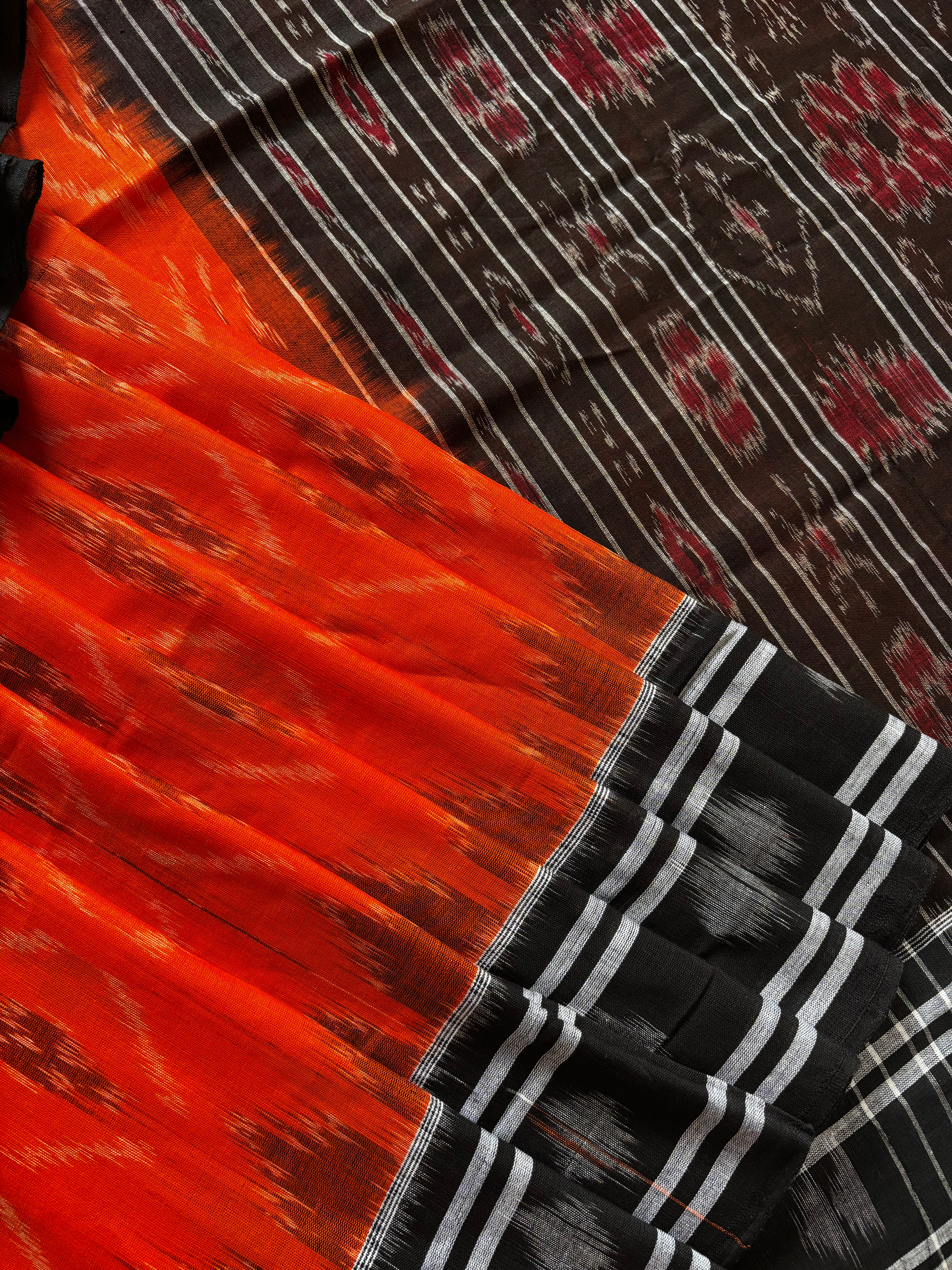 Handwoven Orange Black Colour Odisha Cotton Ikkat Saree