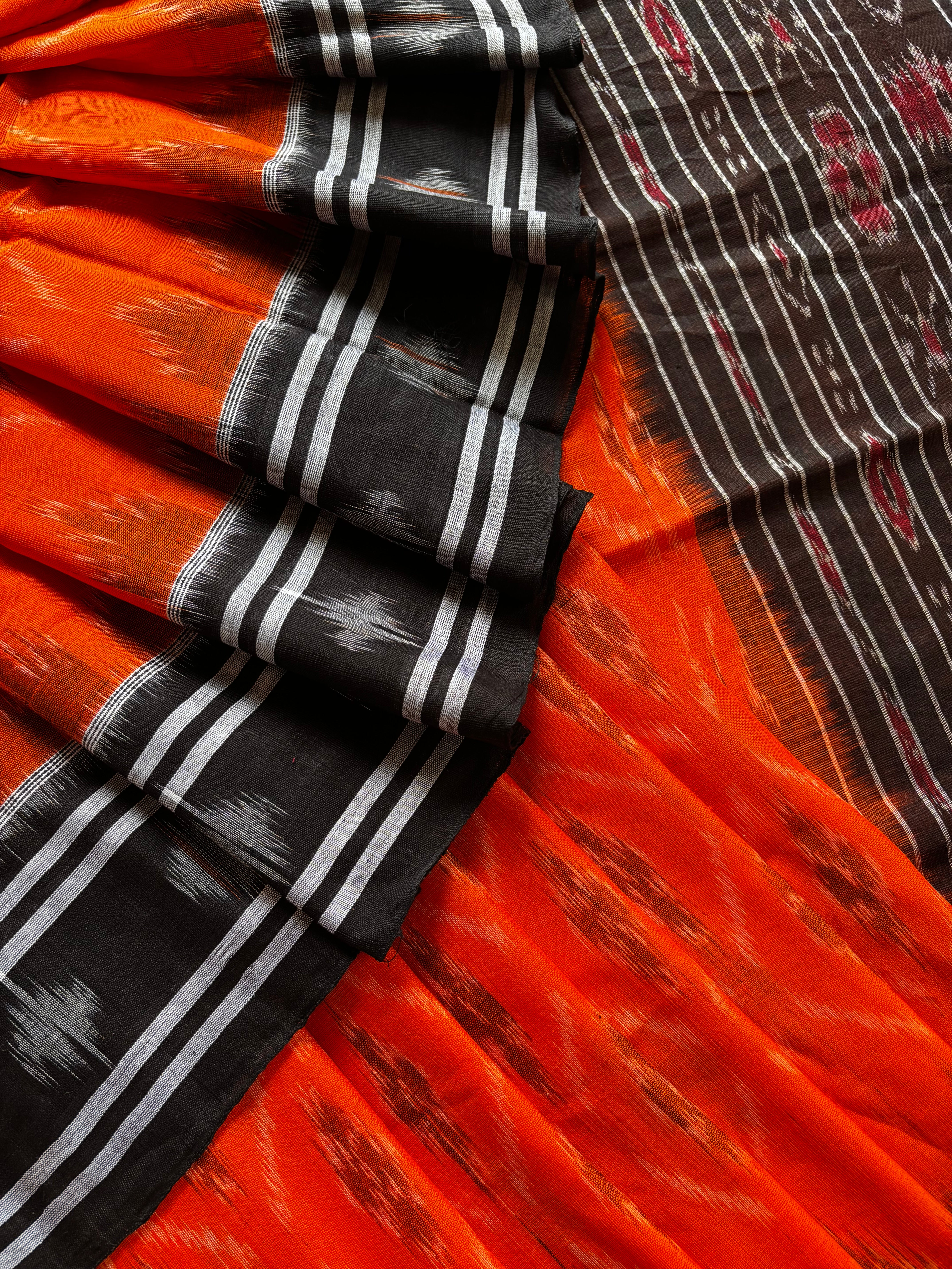 Handwoven Orange Black Colour Odisha Cotton Ikkat Saree