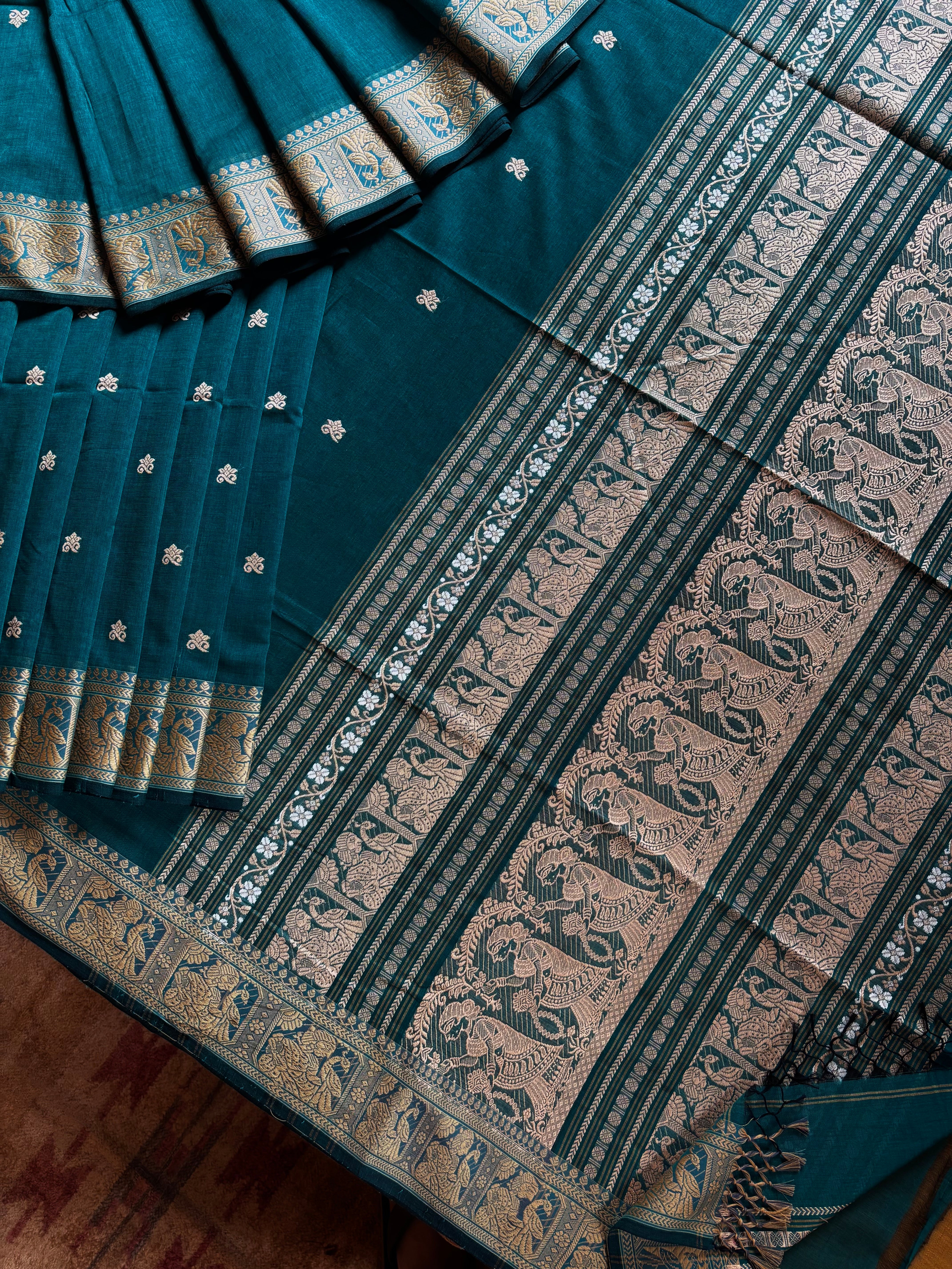 Handwoven Turquoise Blue Cotton Baluchari Saree