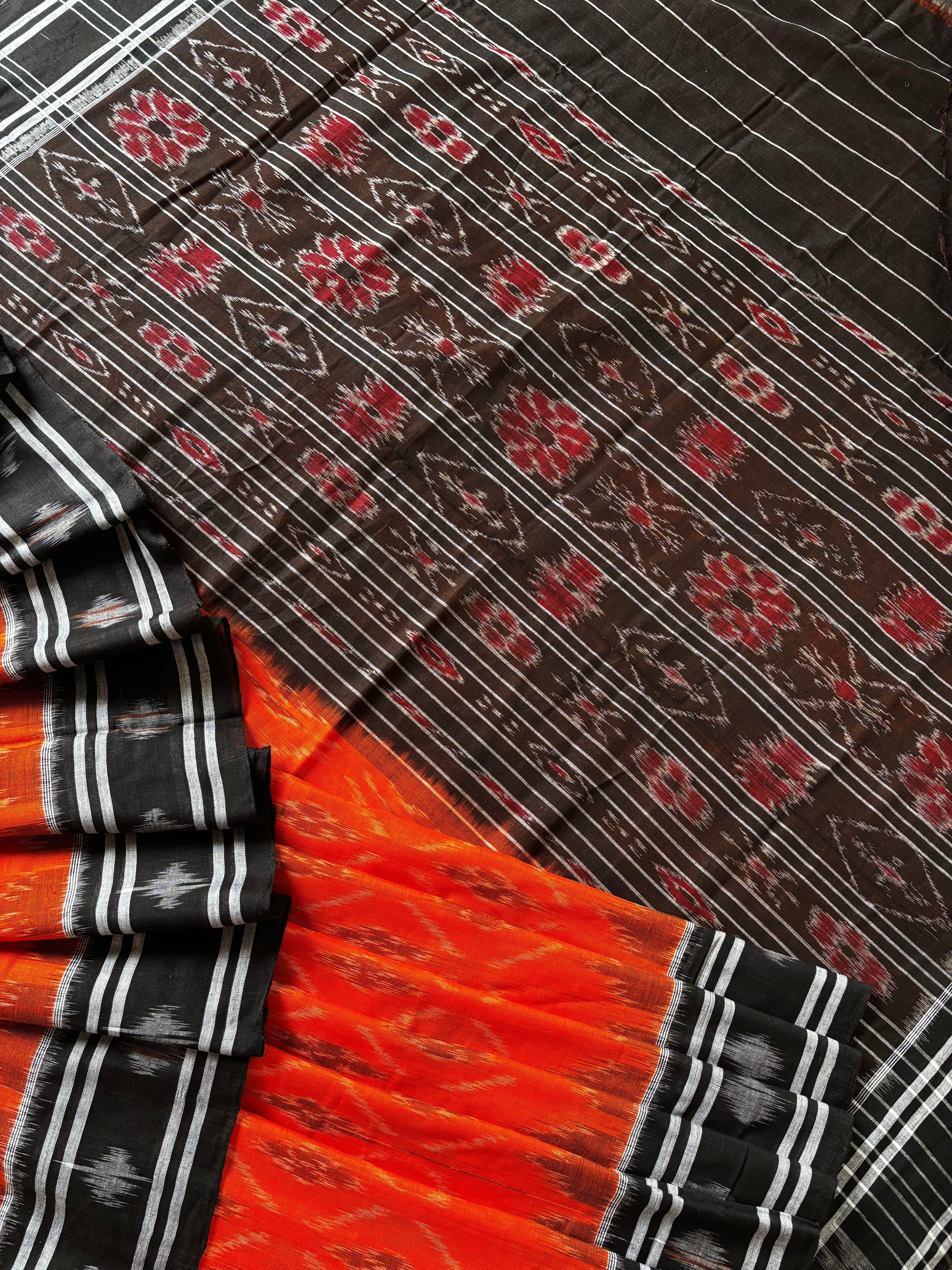 Handwoven Orange Black Colour Odisha Cotton Ikkat Saree