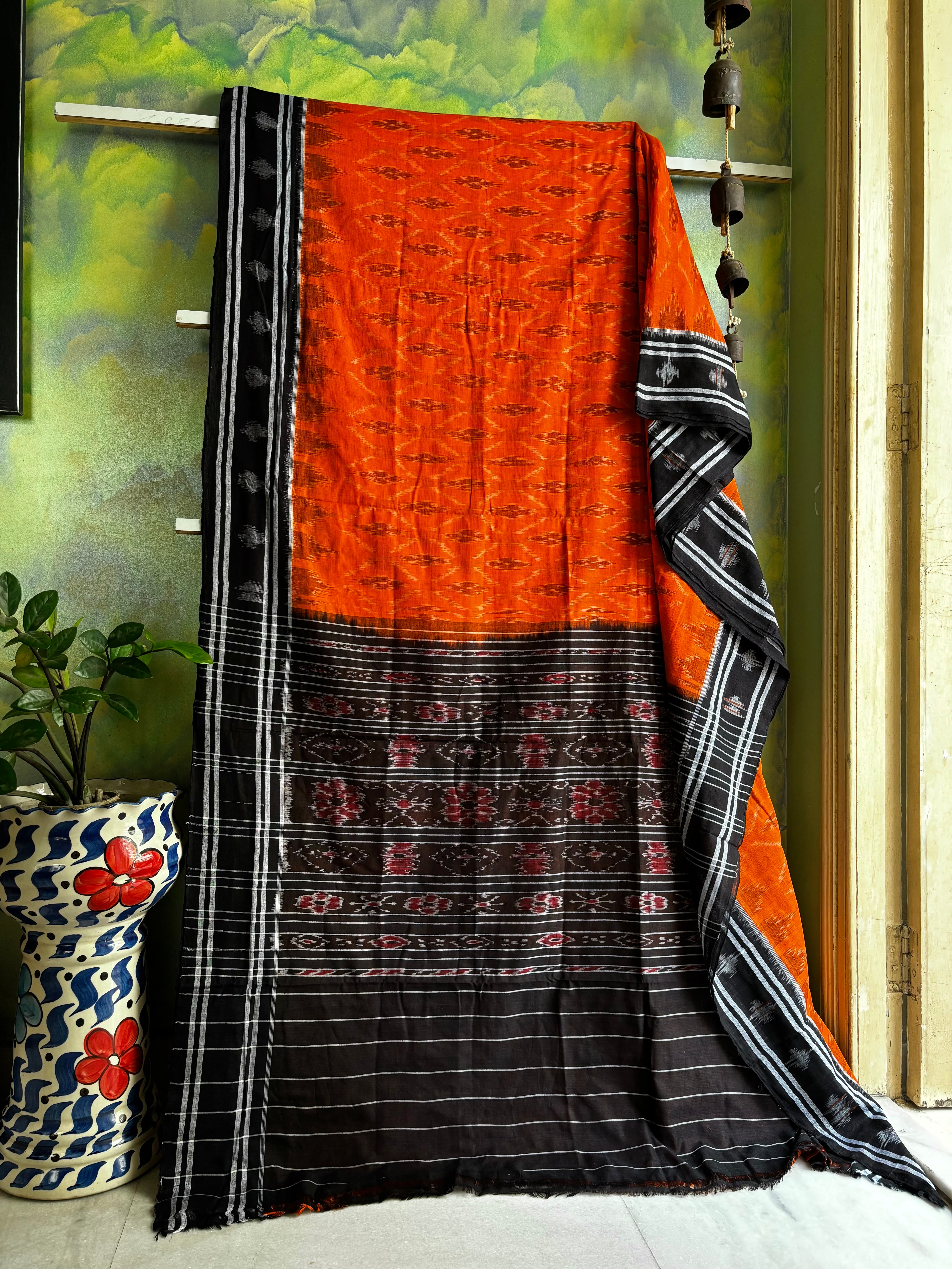 Handwoven Orange Black Colour Odisha Cotton Ikkat Saree