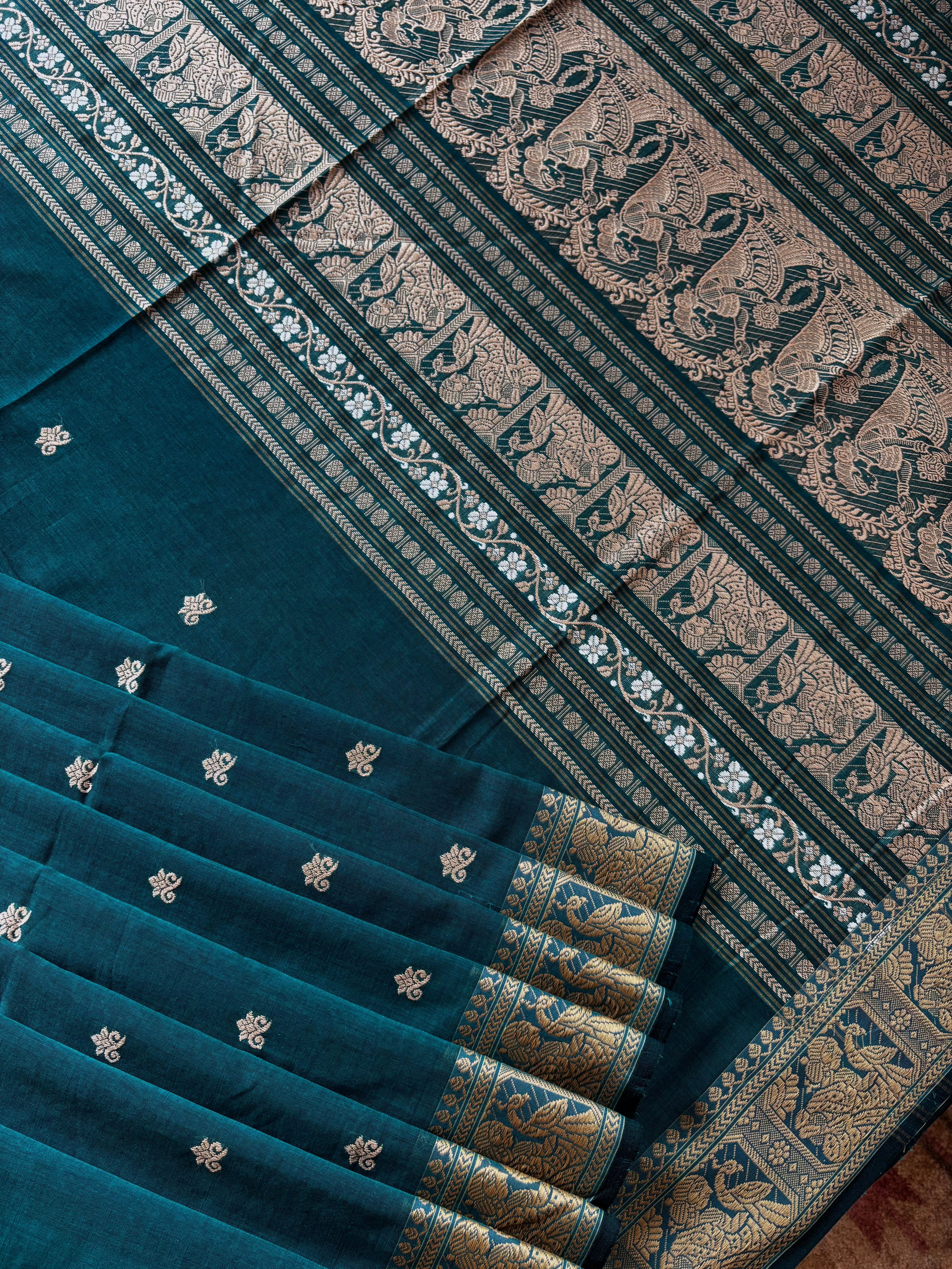 Handwoven Turquoise Blue Cotton Baluchari Saree