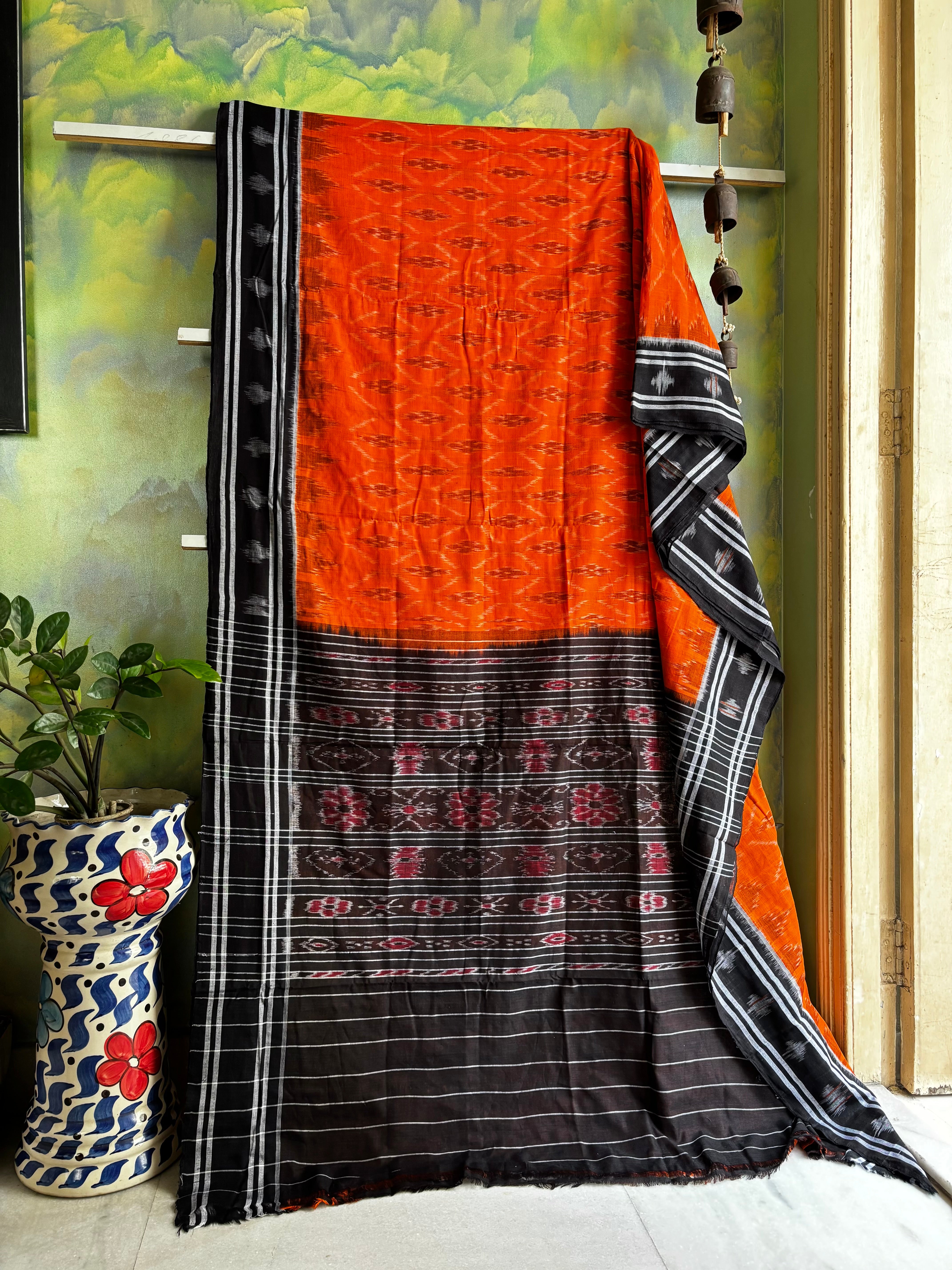 Handwoven Orange Black Colour Odisha Cotton Ikkat Saree