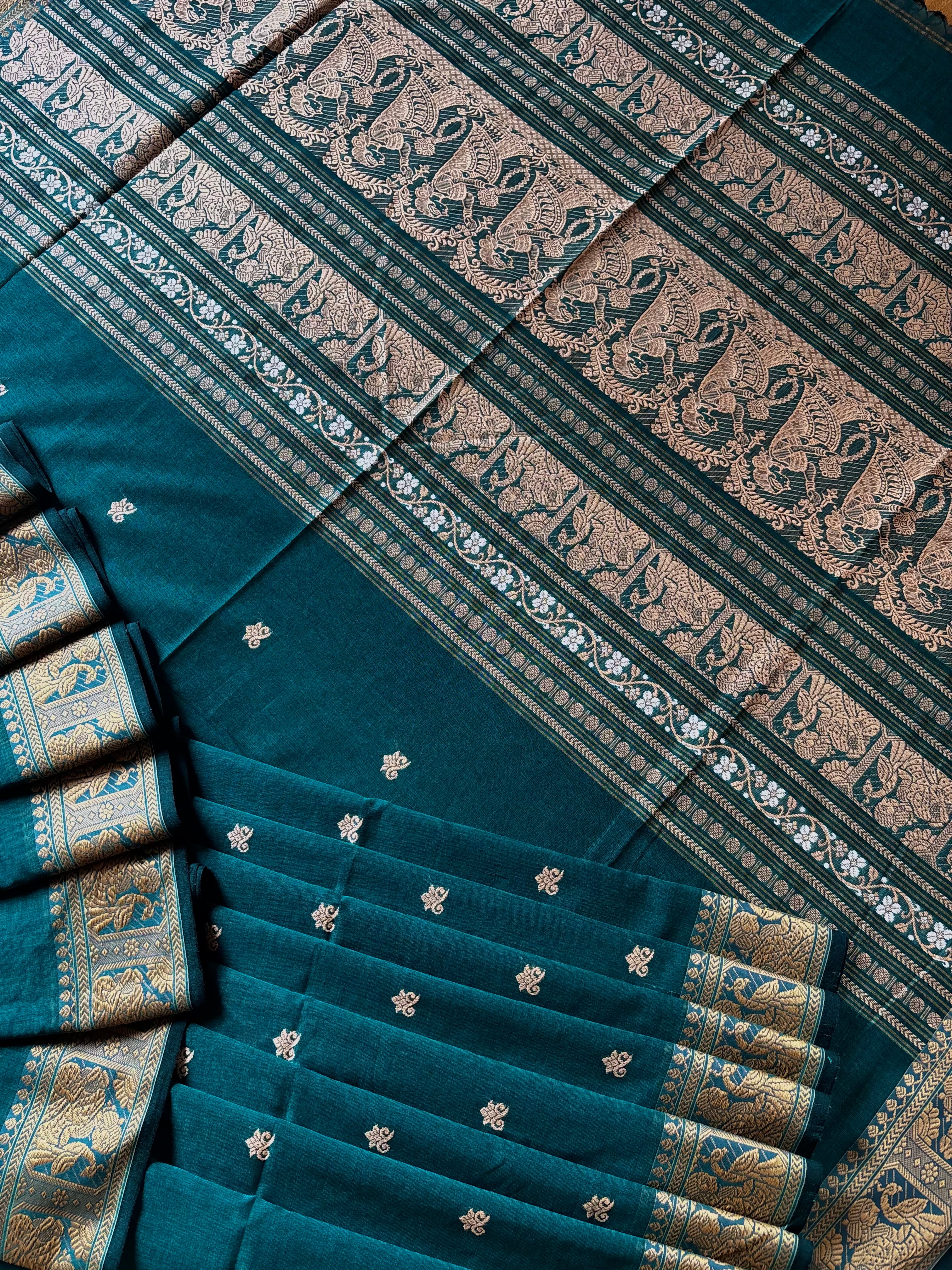 Handwoven Turquoise Blue Cotton Baluchari Saree