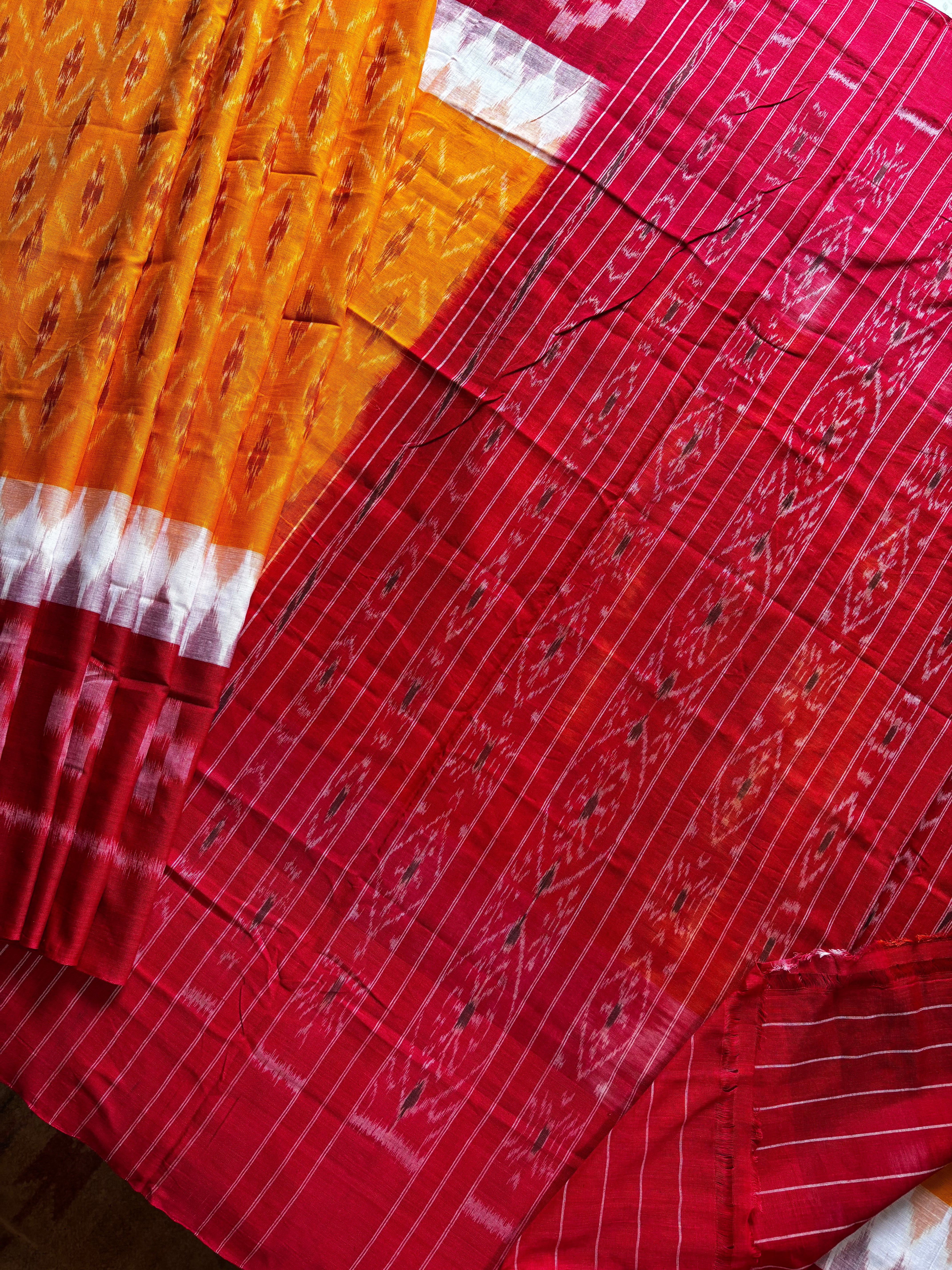Handwoven Yellow Red Colour Odisha Cotton Ikkat Saree