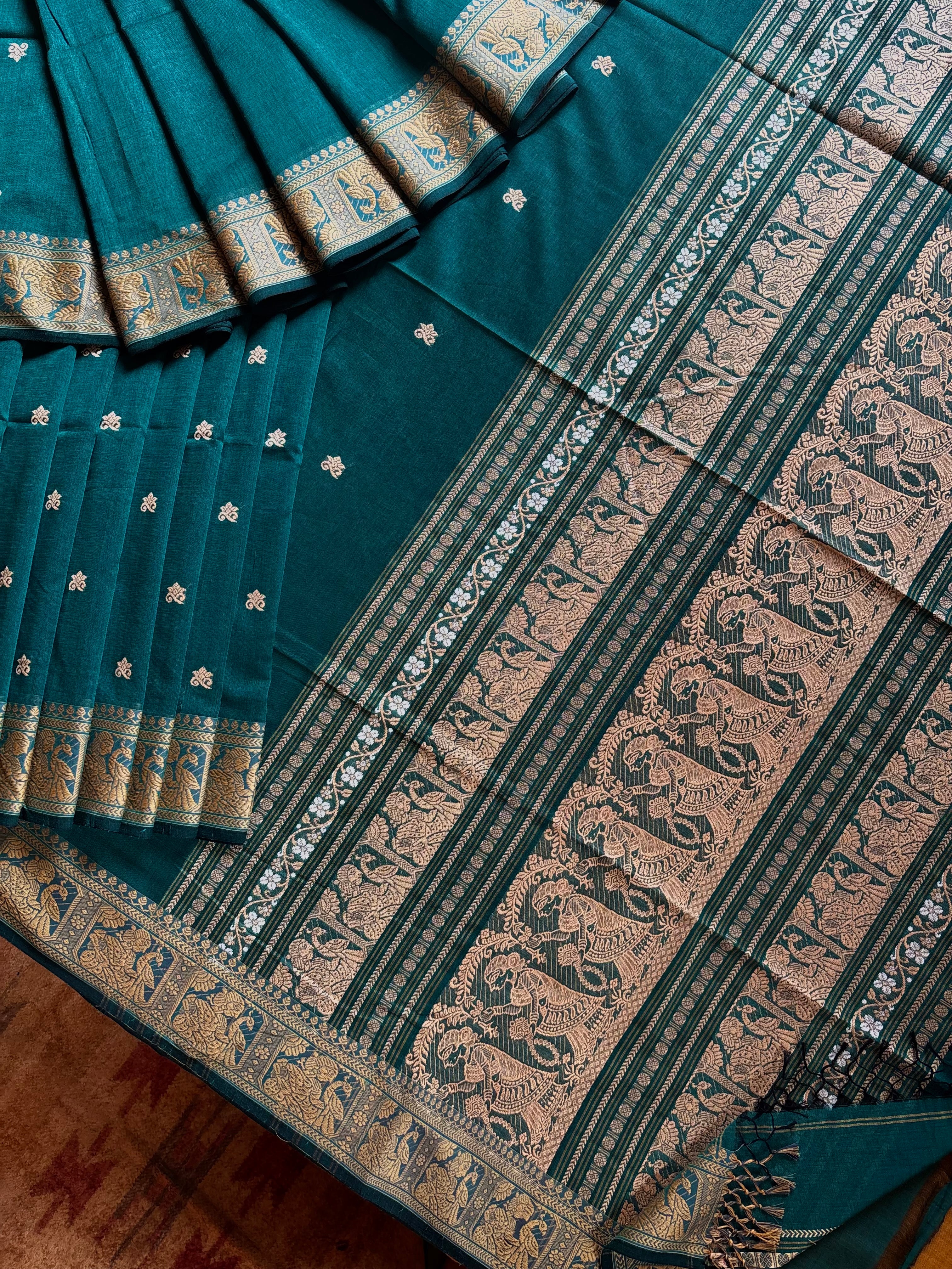 Handwoven Turquoise Blue Cotton Baluchari Saree