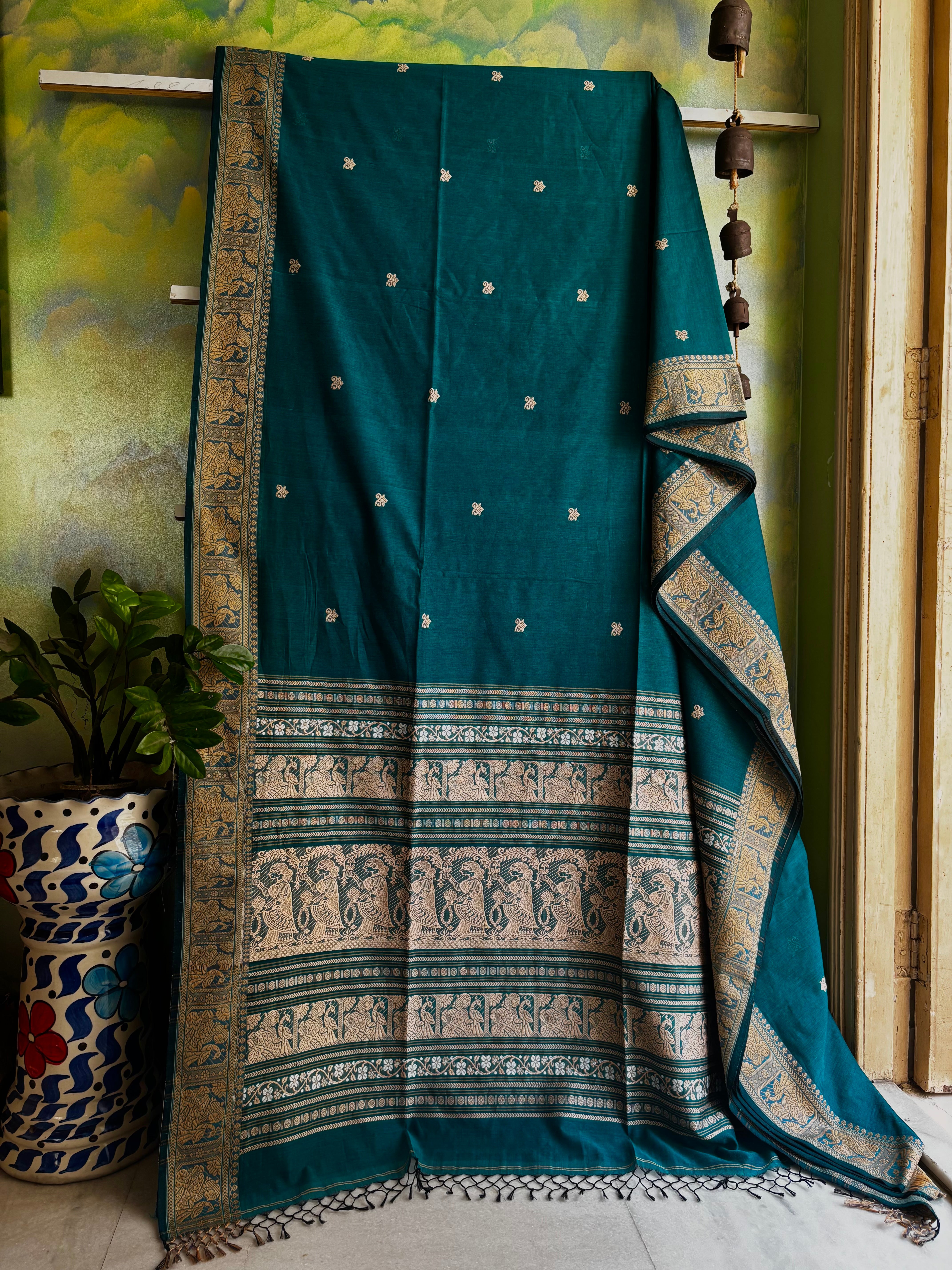 Handwoven Turquoise Blue Cotton Baluchari Saree