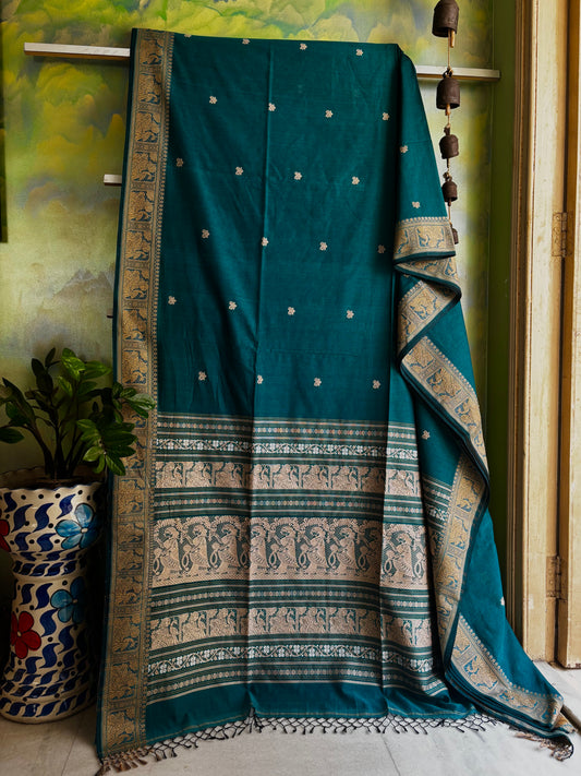Handwoven Turquoise Blue Cotton Baluchari Saree
