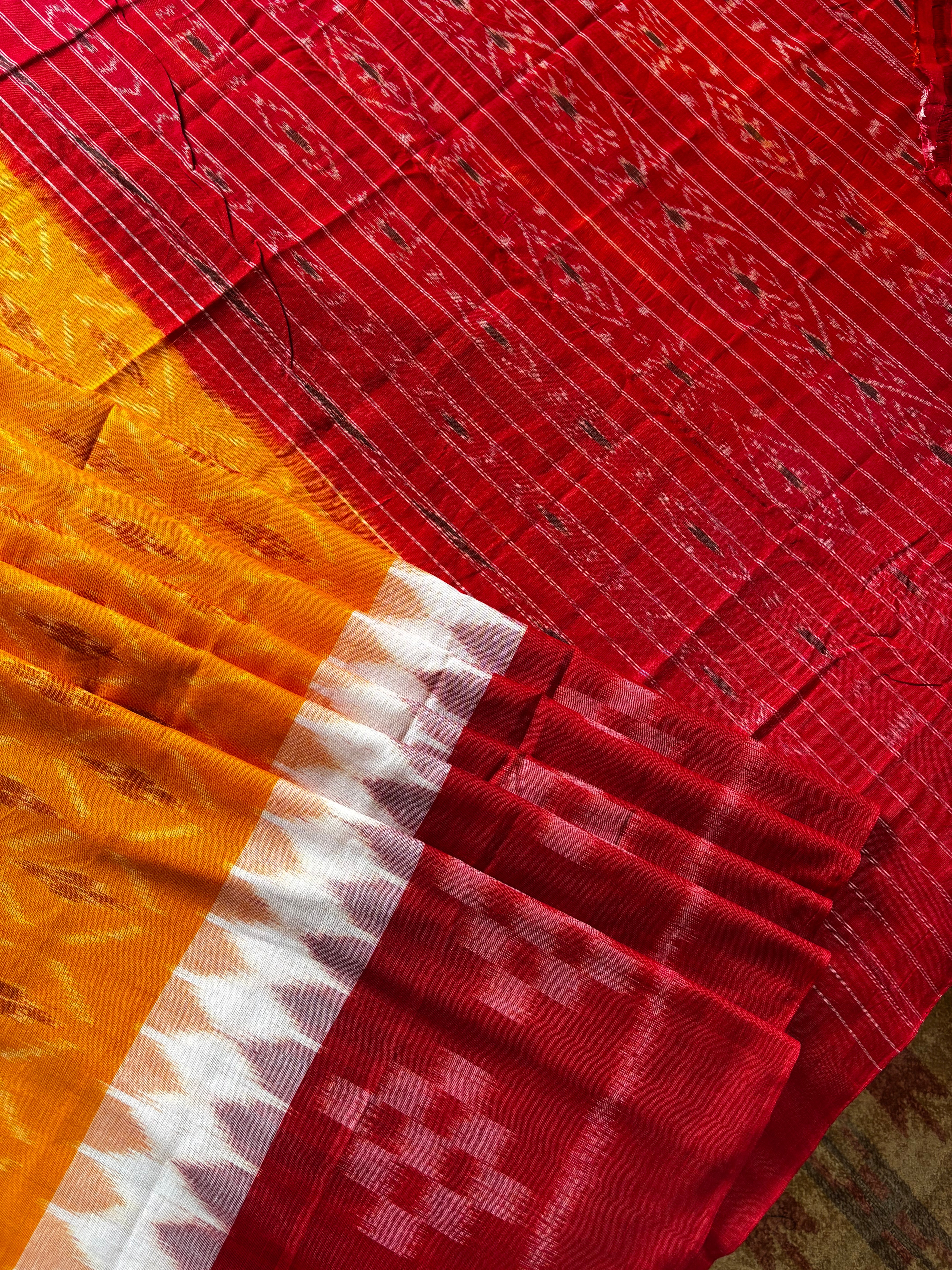 Handwoven Yellow Red Colour Odisha Cotton Ikkat Saree