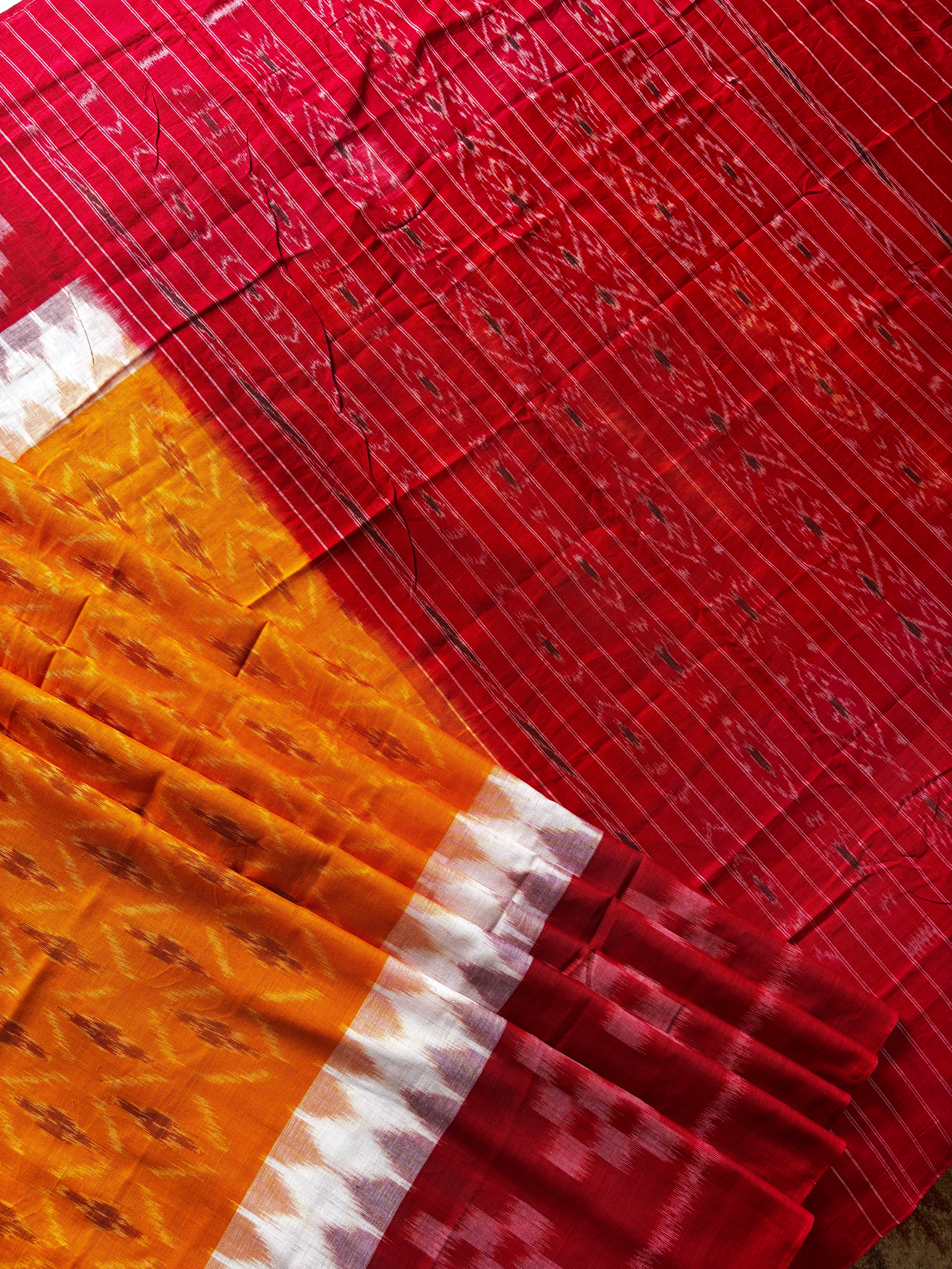 Handwoven Yellow Red Colour Odisha Cotton Ikkat Saree