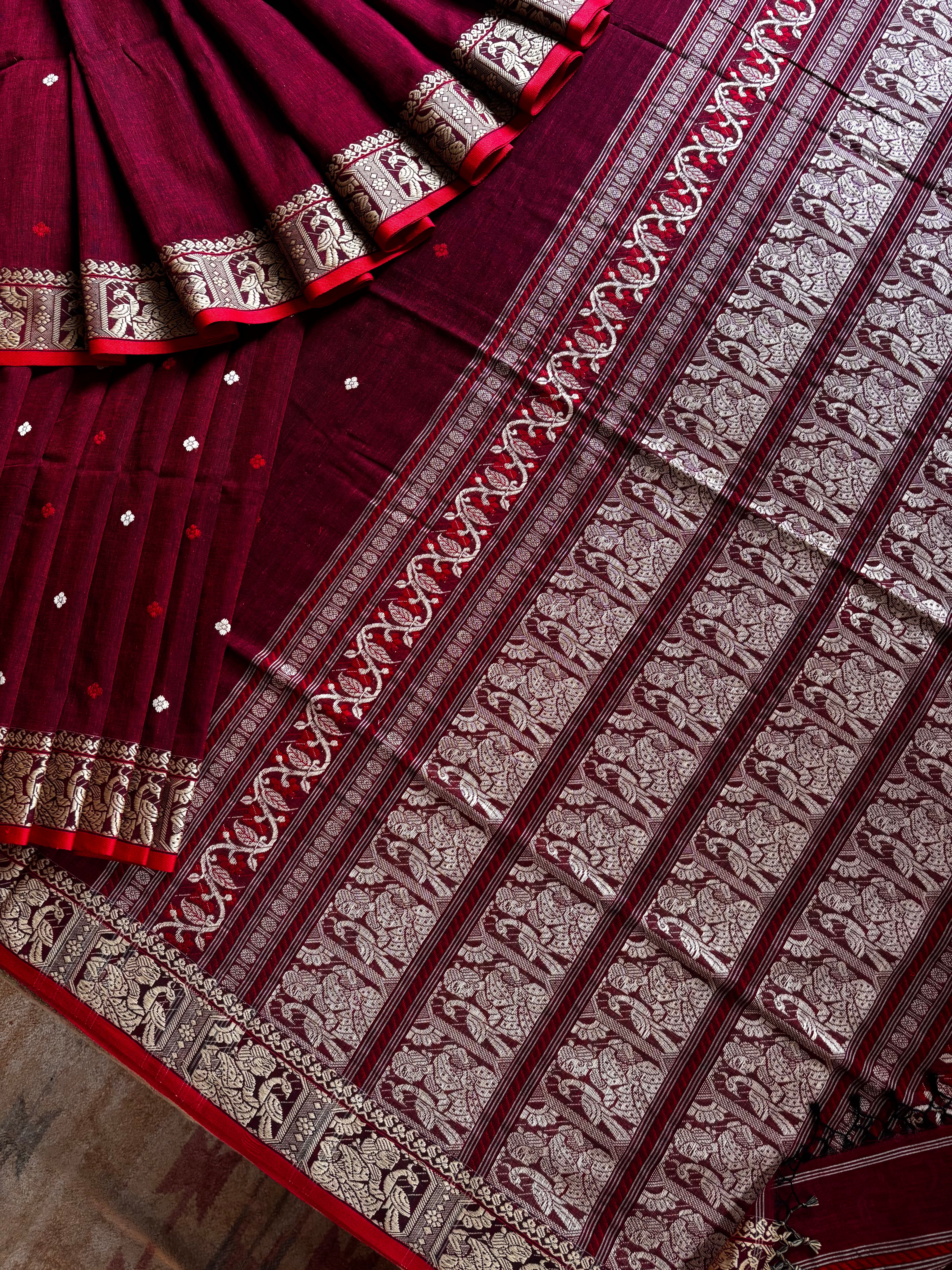 Handwoven Maroon Colour Cotton Baluchari Saree
