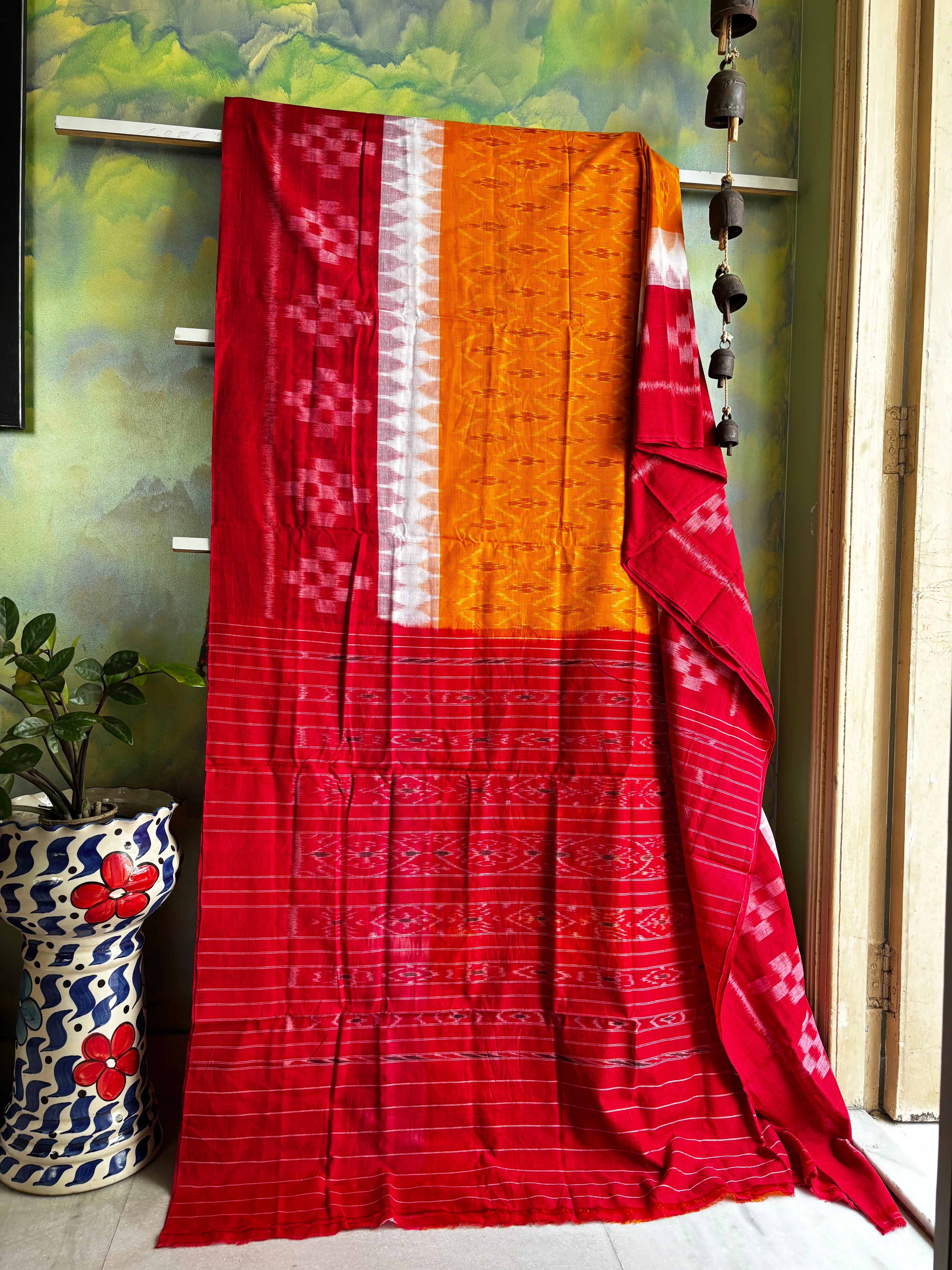 Handwoven Yellow Red Colour Odisha Cotton Ikkat Saree
