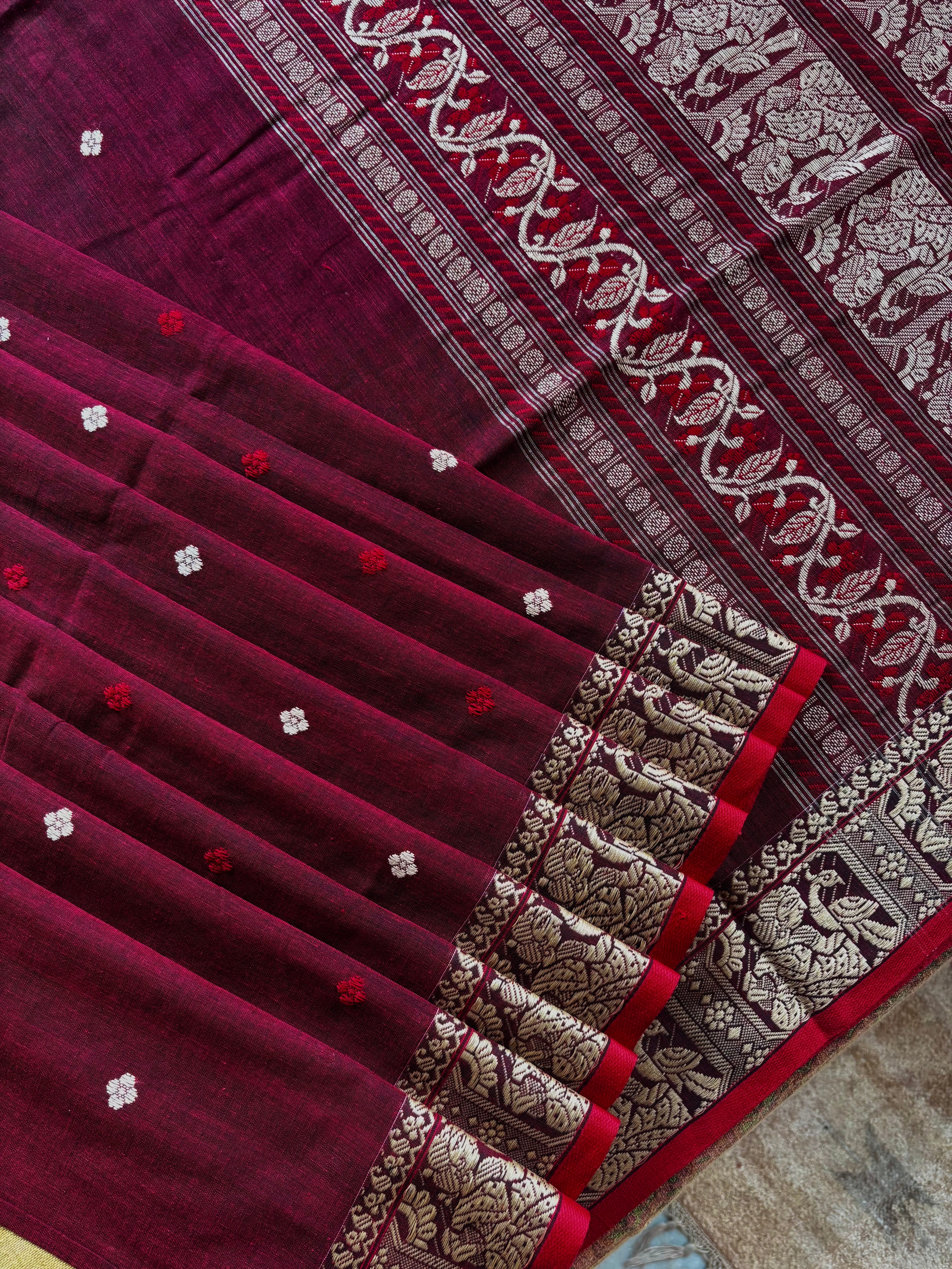 Handwoven Maroon Colour Cotton Baluchari Saree