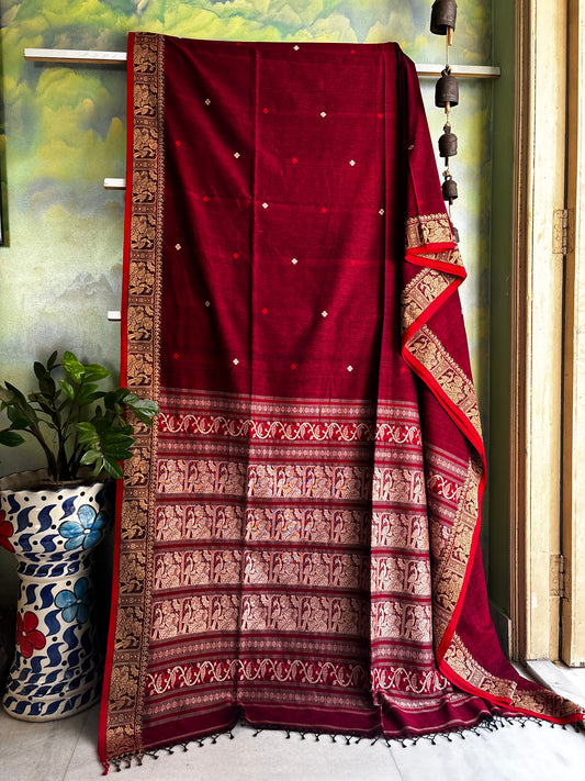 Handwoven Maroon Colour Cotton Baluchari Saree