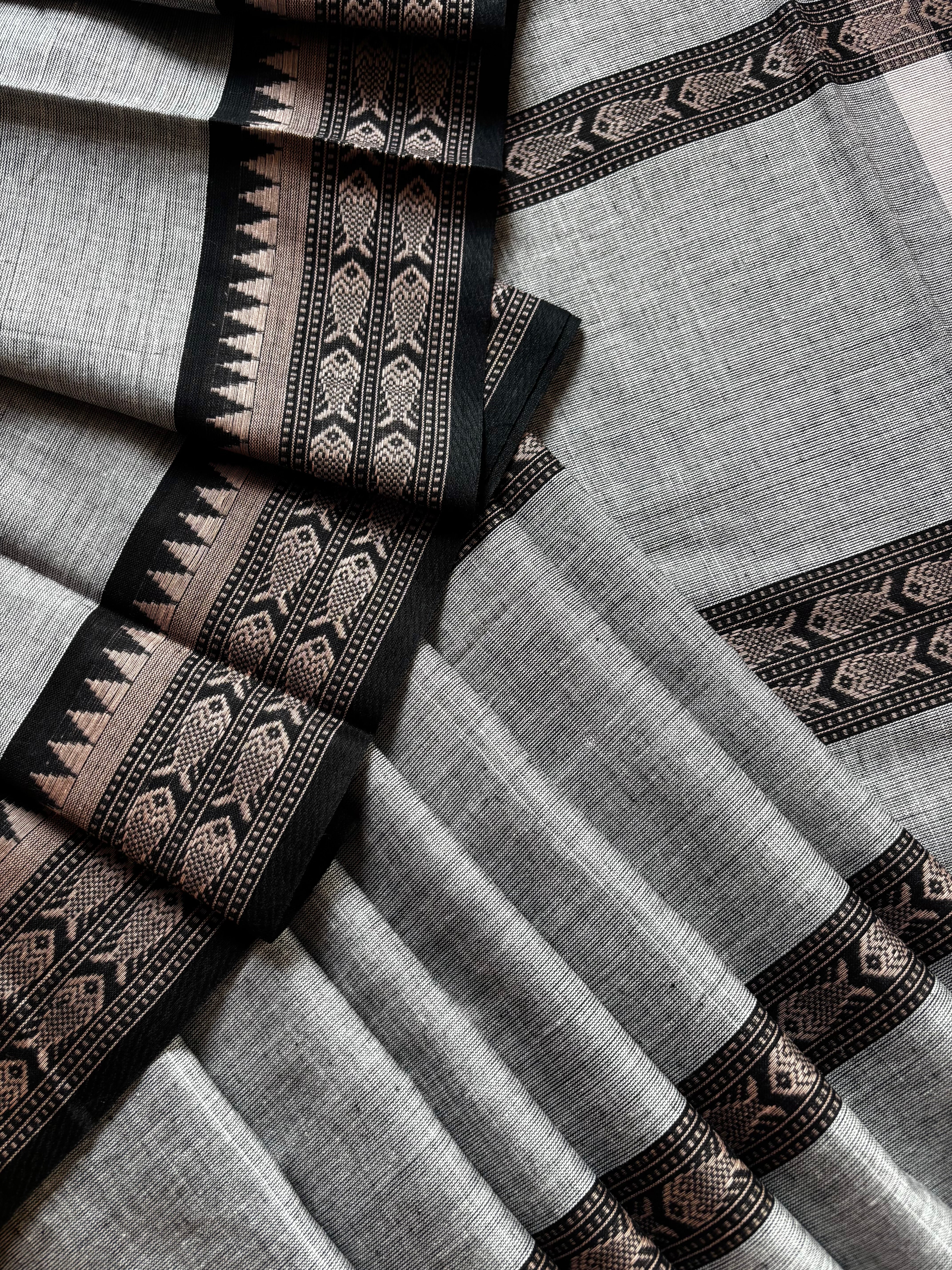 Handwoven Grey Black Pure Cotton Saree