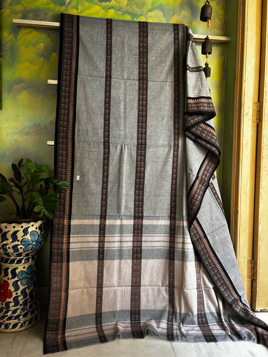 Handwoven Grey Black Pure Cotton Saree