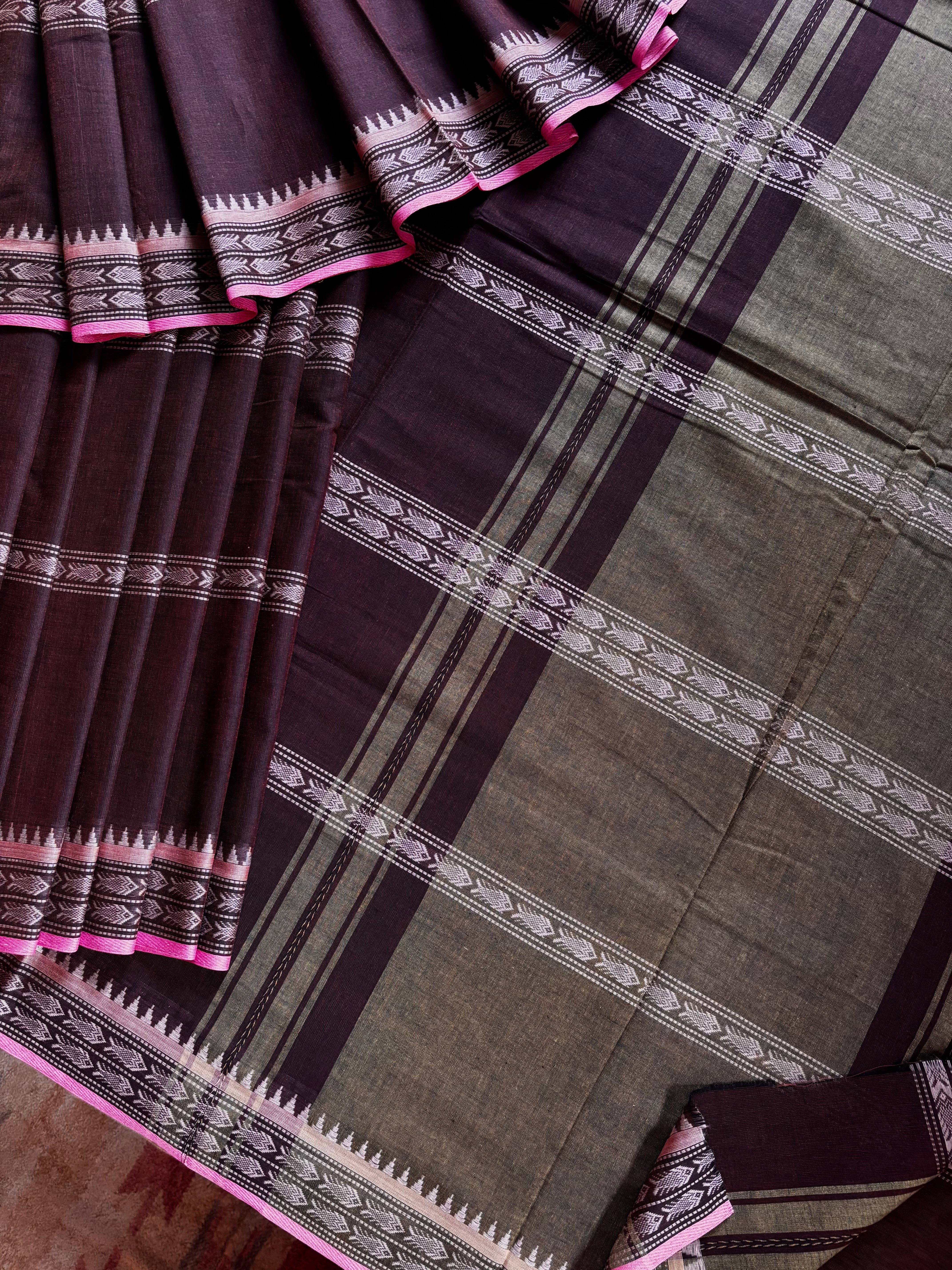 Handwoven Dark Brown Pure Cotton Saree
