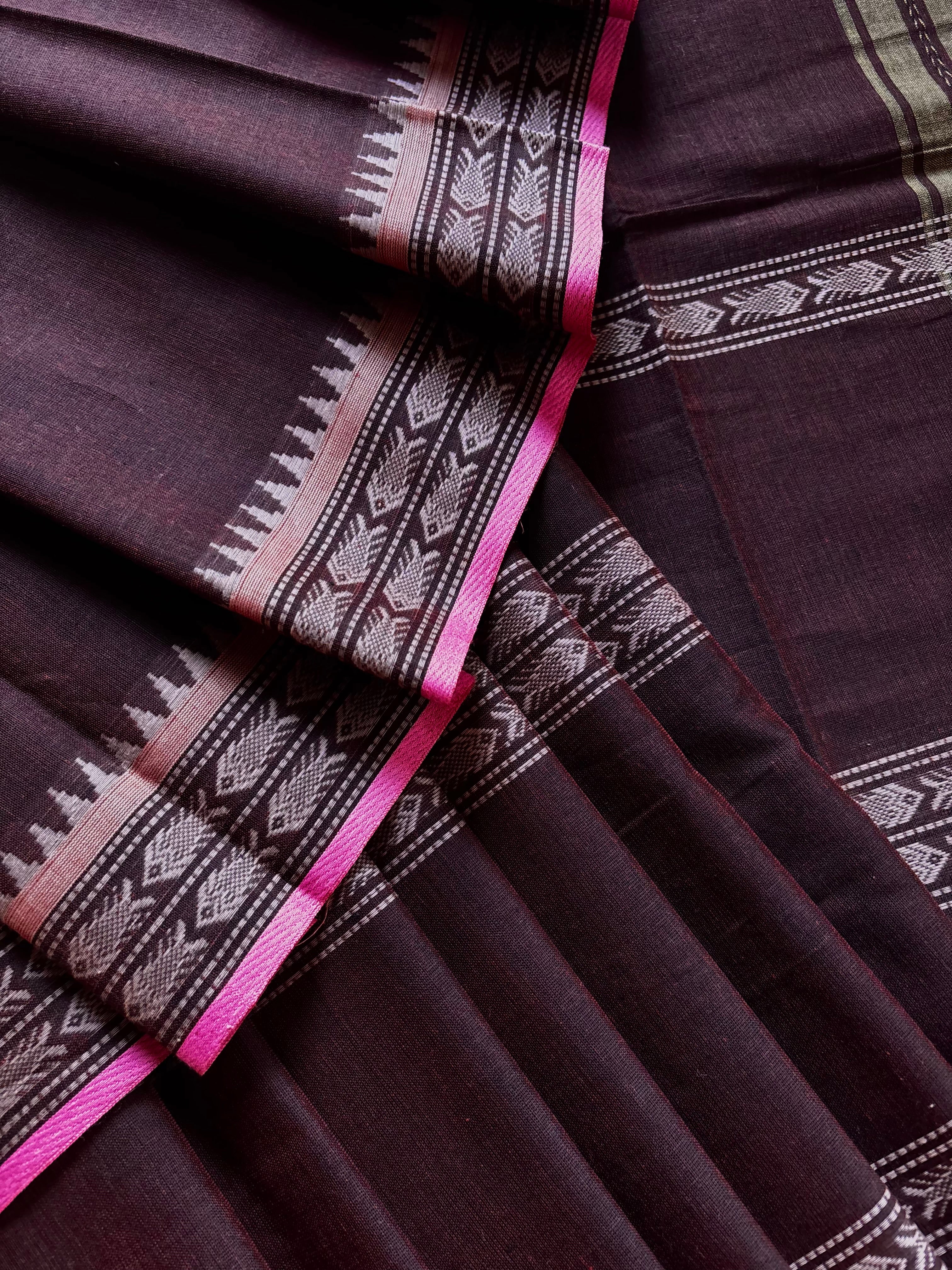 Handwoven Dark Brown Pure Cotton Saree