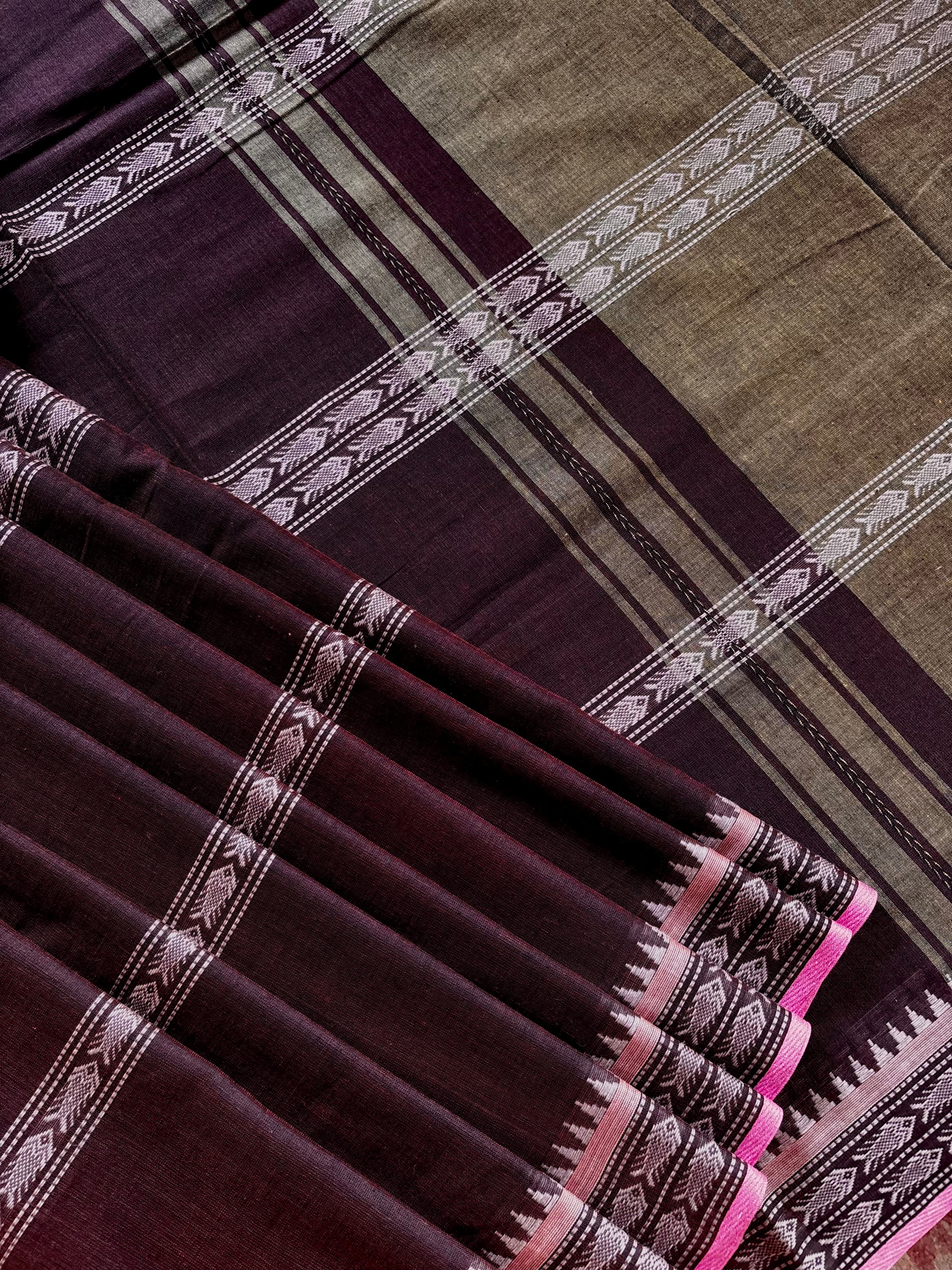 Handwoven Dark Brown Pure Cotton Saree