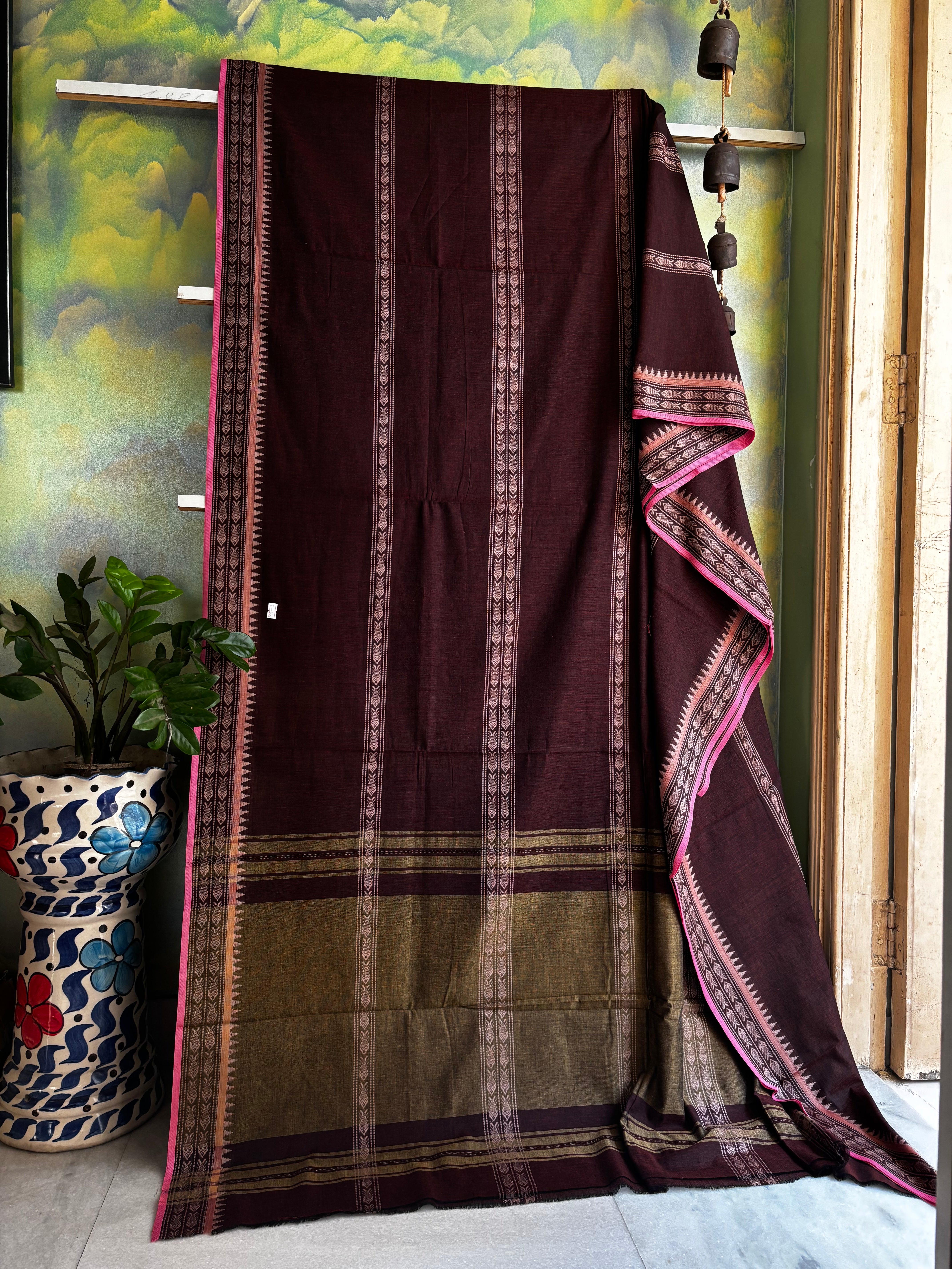 Handwoven Dark Brown Pure Cotton Saree