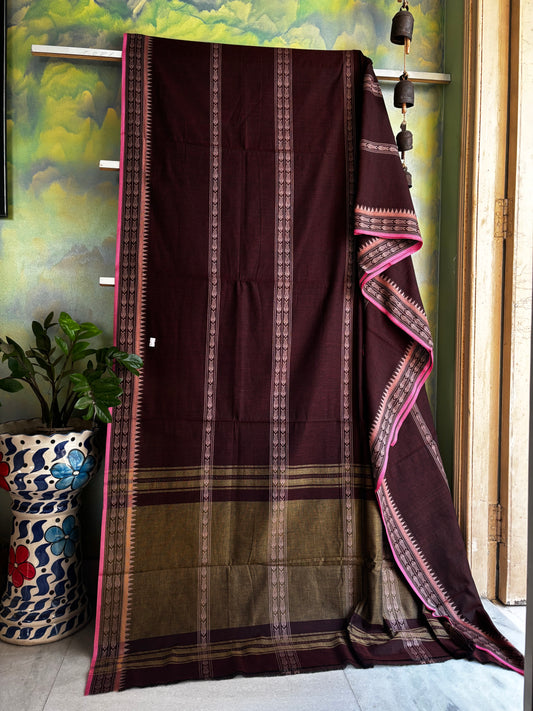 Handwoven Dark Brown Pure Cotton Saree