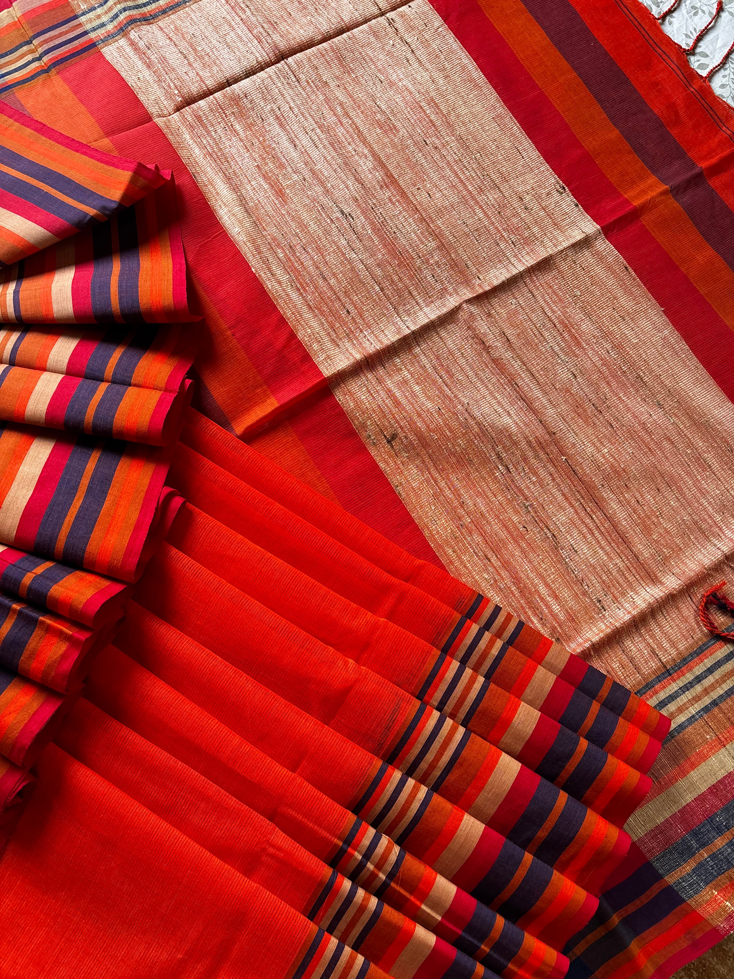 Handwoven Orange Colour Phulia Cotton Saree