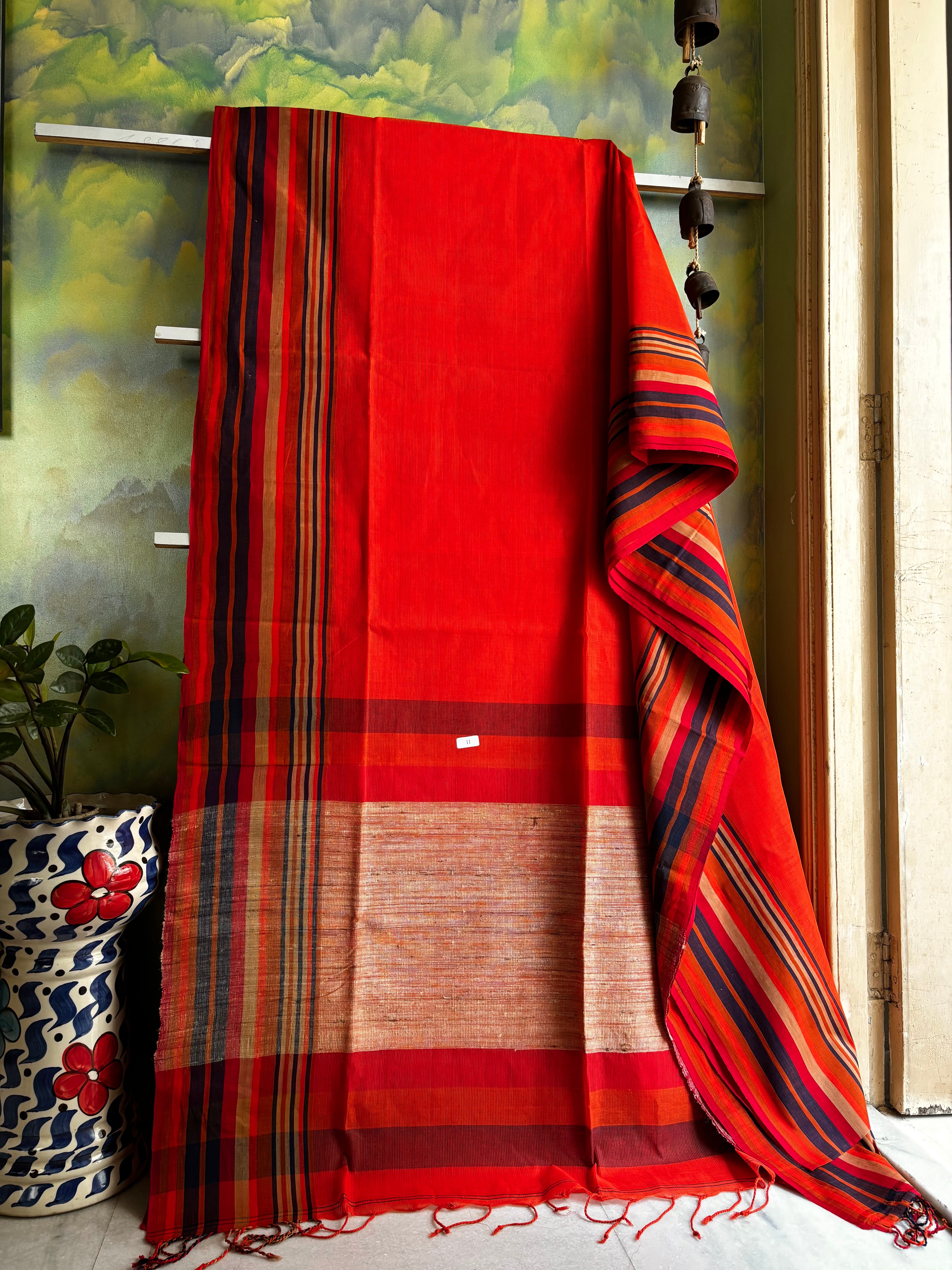 Handwoven Orange Colour Phulia Cotton Saree
